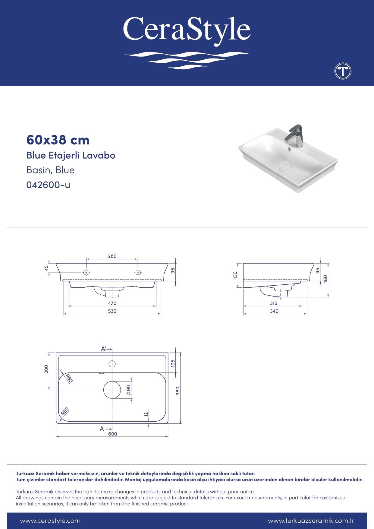 Turkuaz Cerastyle Blue Etajerli Lavabo 60*38 cm (Seramik Kapak Dahil)