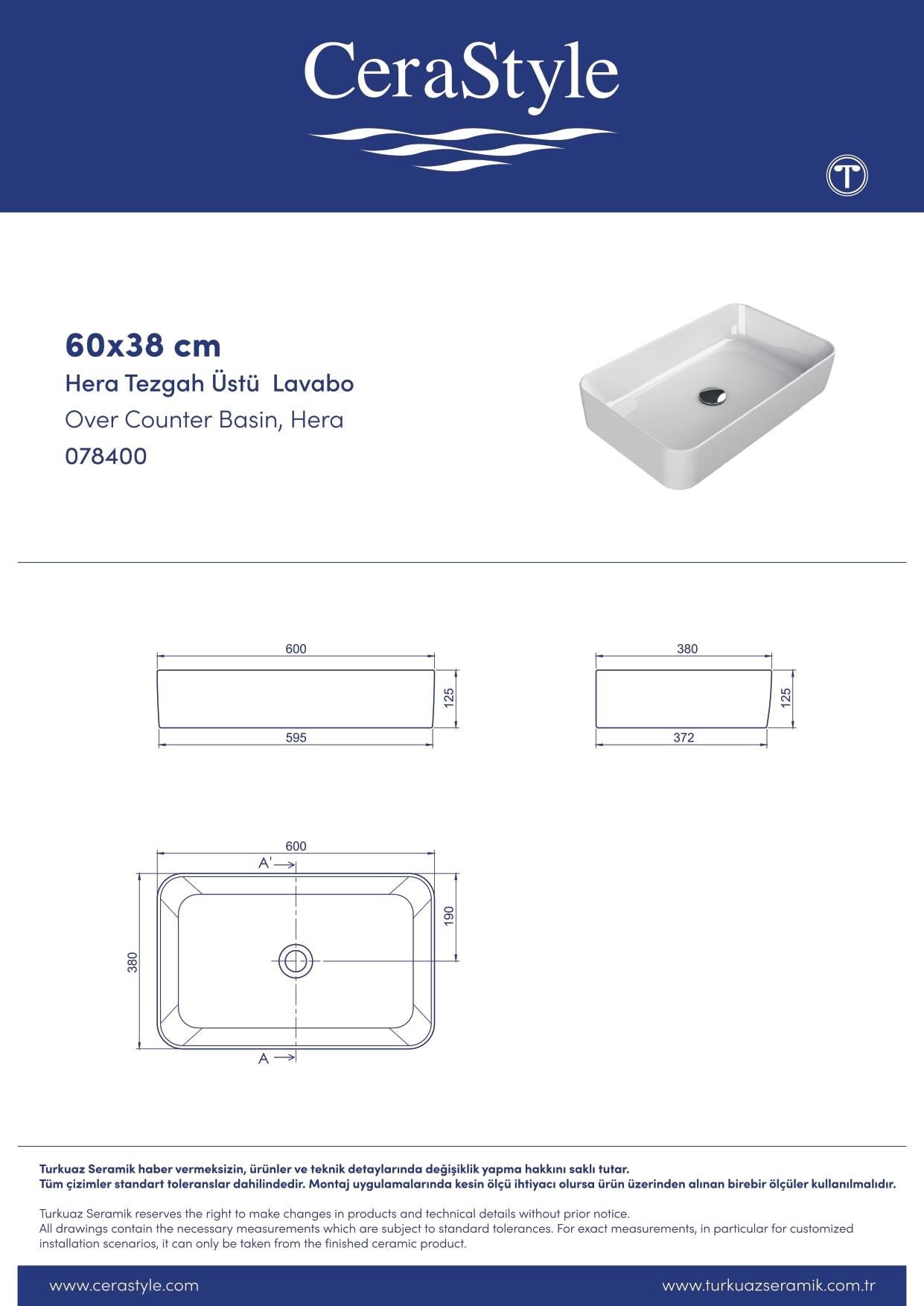 Turkuaz Cerastyle Hera Tezgahüstü Mat Siyah Lavabo 60*38 cm