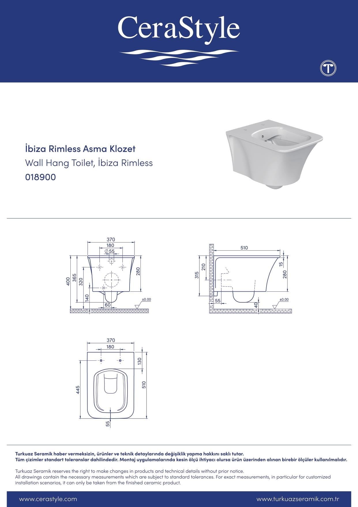 Turkuaz Cerastyle İbiza Kanalsız Rimless Asma Klozet ve Kapak, Mat Gri
