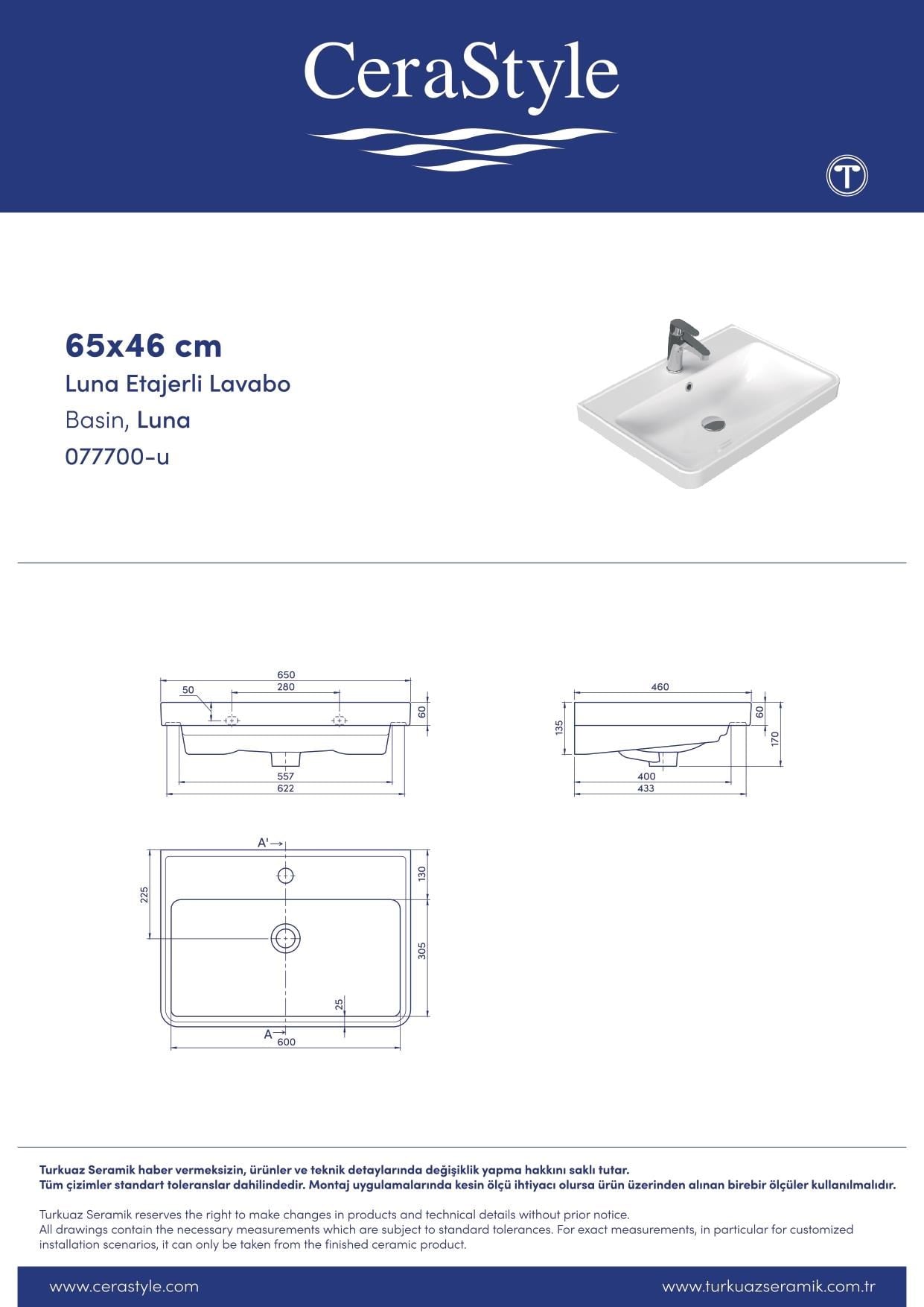 Turkuaz Cerastyle Luna 65*46 cm Etajerli Damlalıklı Lavabo