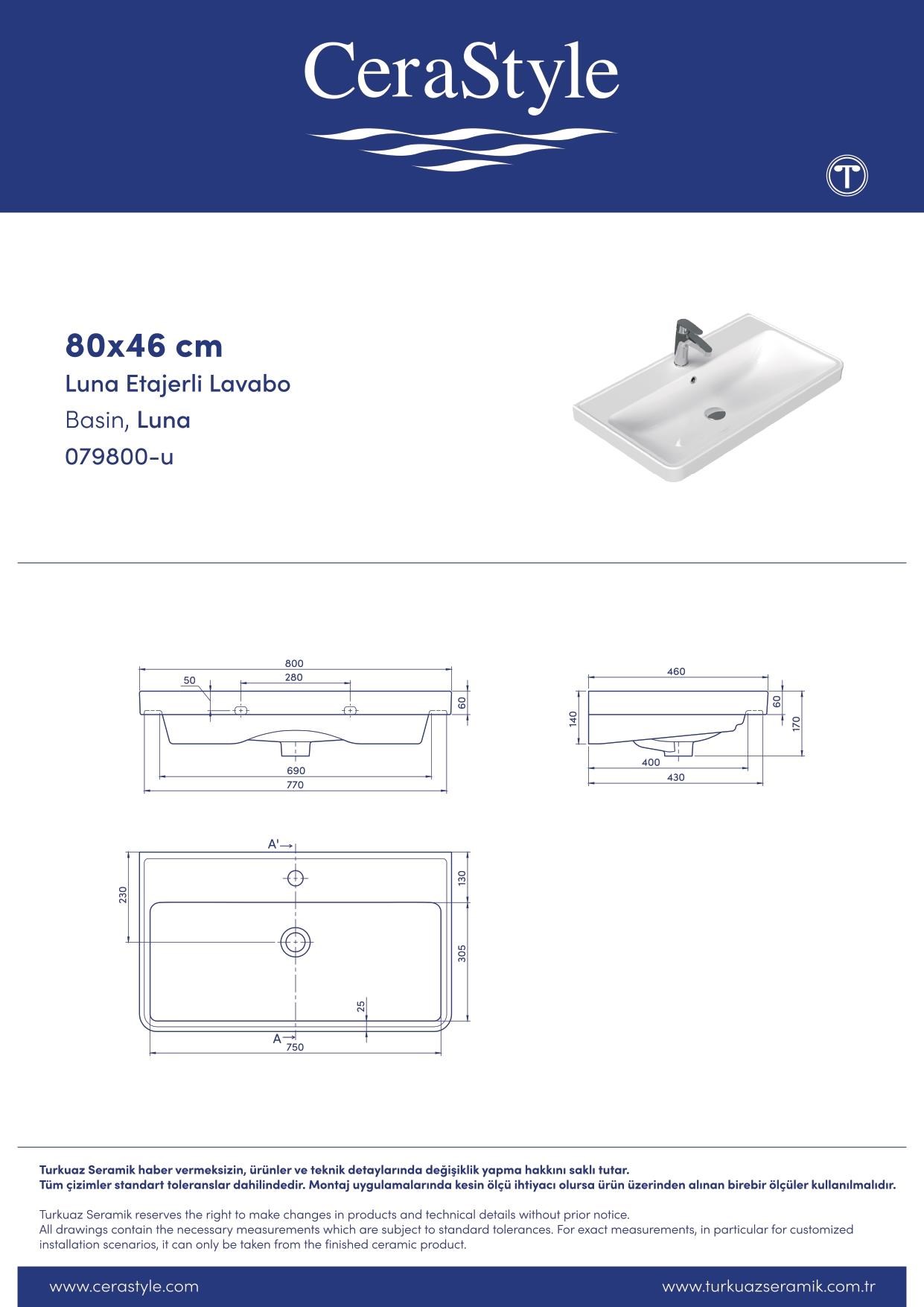 Turkuaz Cerastyle Luna 80*46 cm Etajerli Damlalıklı Lavabo
