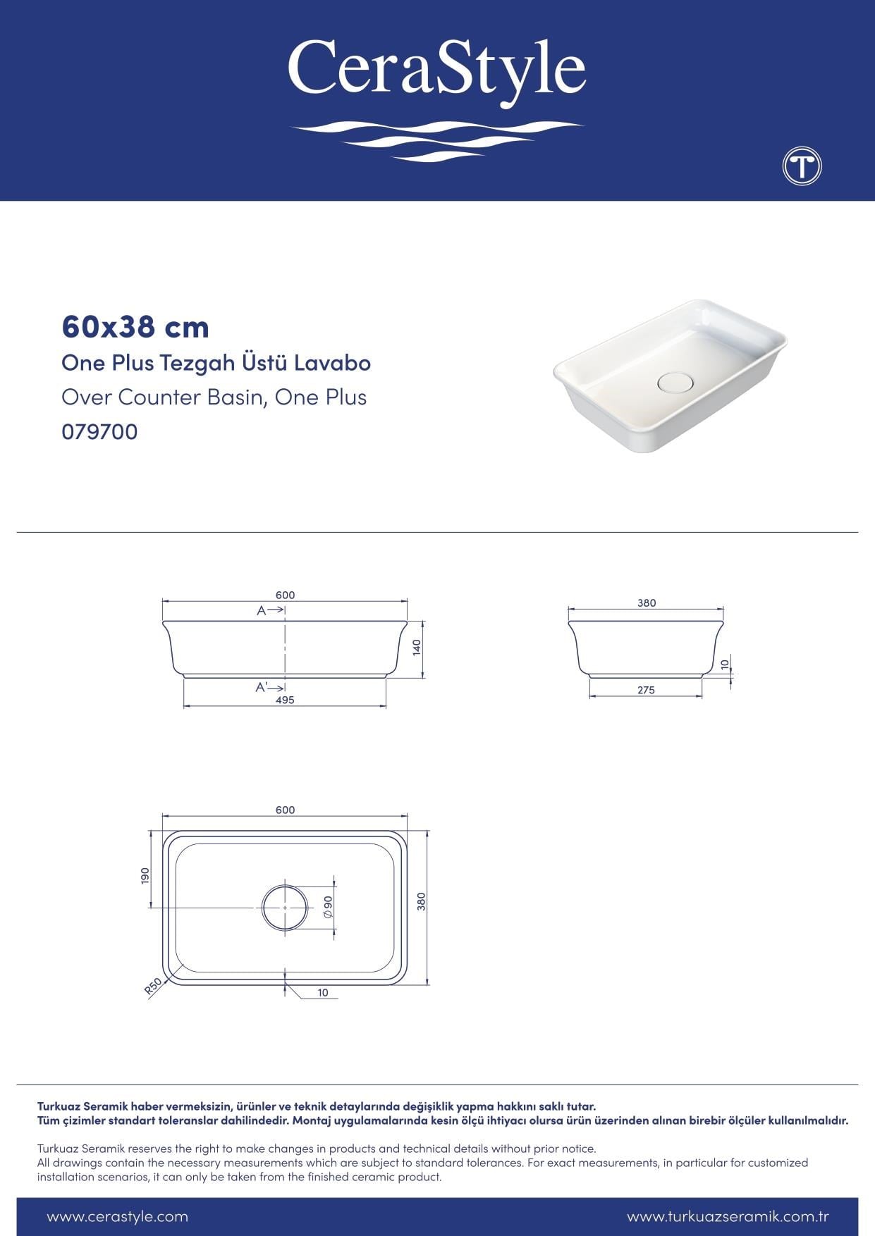 Turkuaz Cerastyle One Plus Tezgahüstü Lavabo 60*38 cm