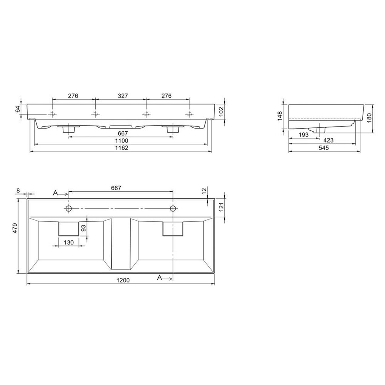 Turkuaz Cerastyle Sharp Etajer Uyumlu Çift Lavabo 120*48 cm (Çift Batarya Delikli)