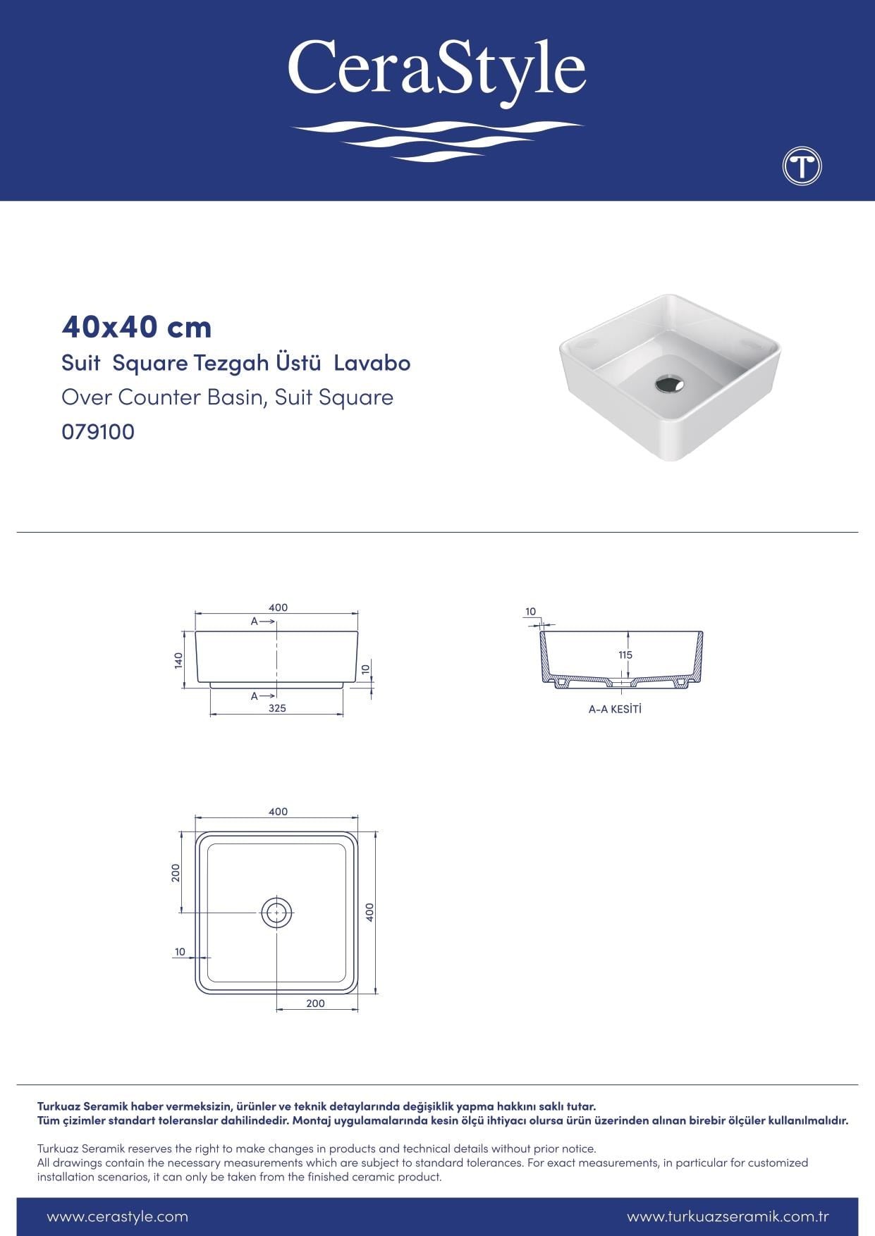 Turkuaz Cerastyle Suit Tezgahüstü Mat Cappucino Lavabo 40*40 cm