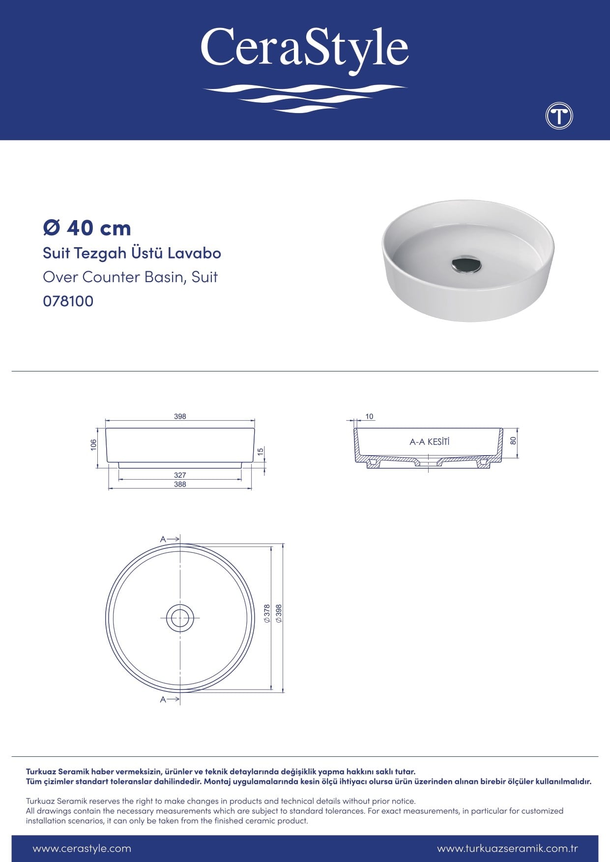Turkuaz Cerastyle Suit Tezgahüstü Mat Cappucino Lavabo Ø40 cm