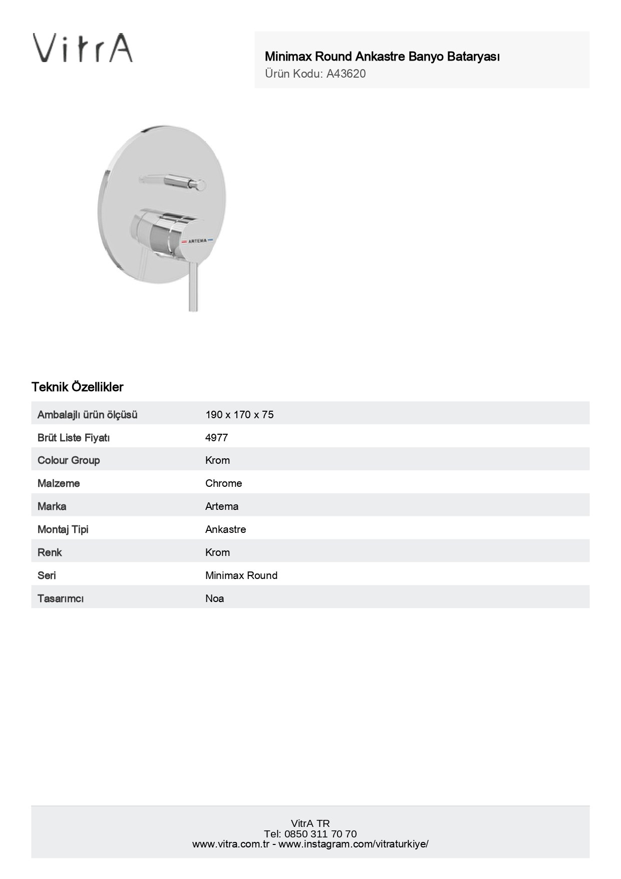VitrA minimax Round Ankastre Banyo Bataryası Sıva Üstü Krom A43620