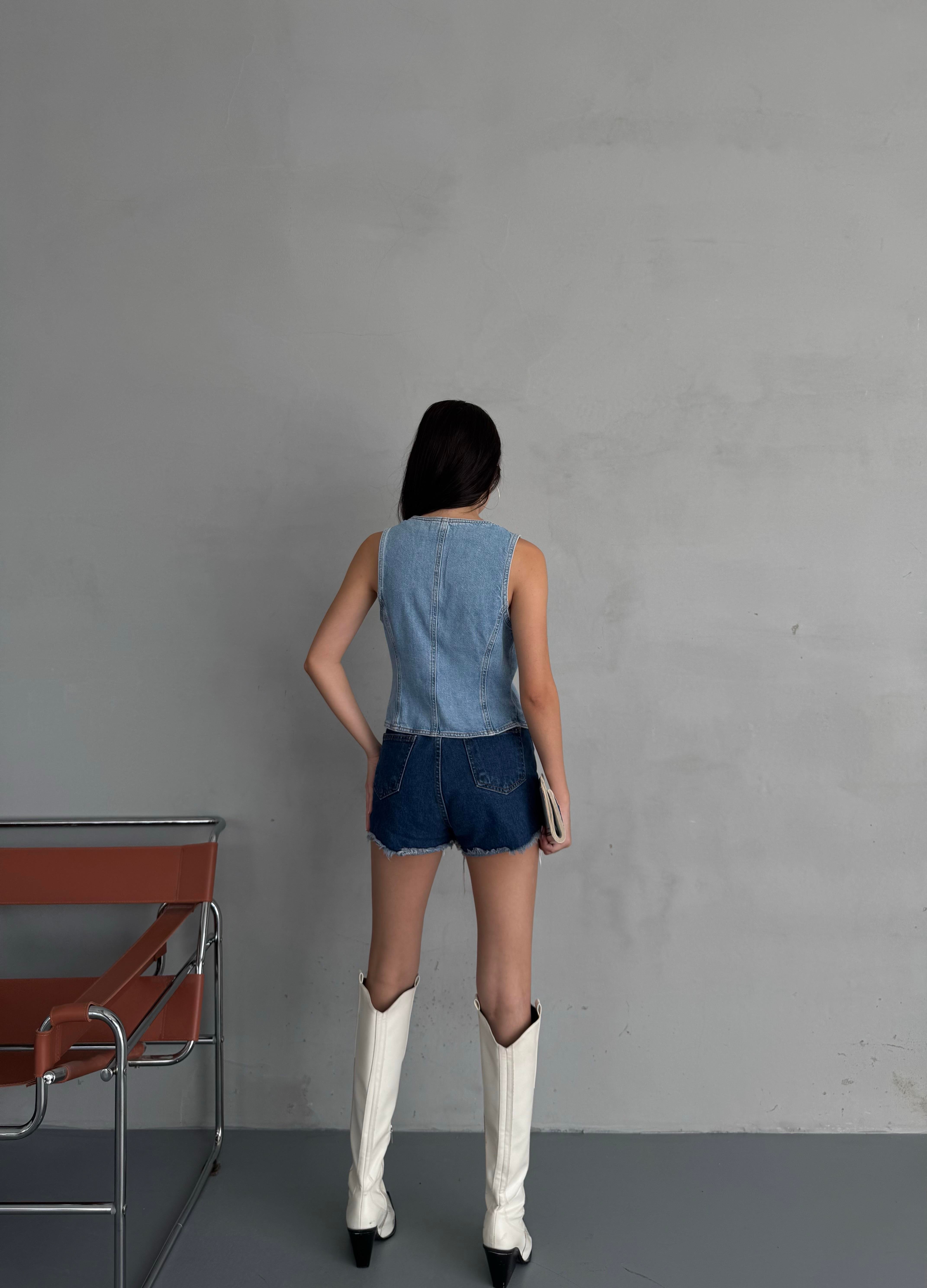 Açık Mavi Cepli Denim Yelek
