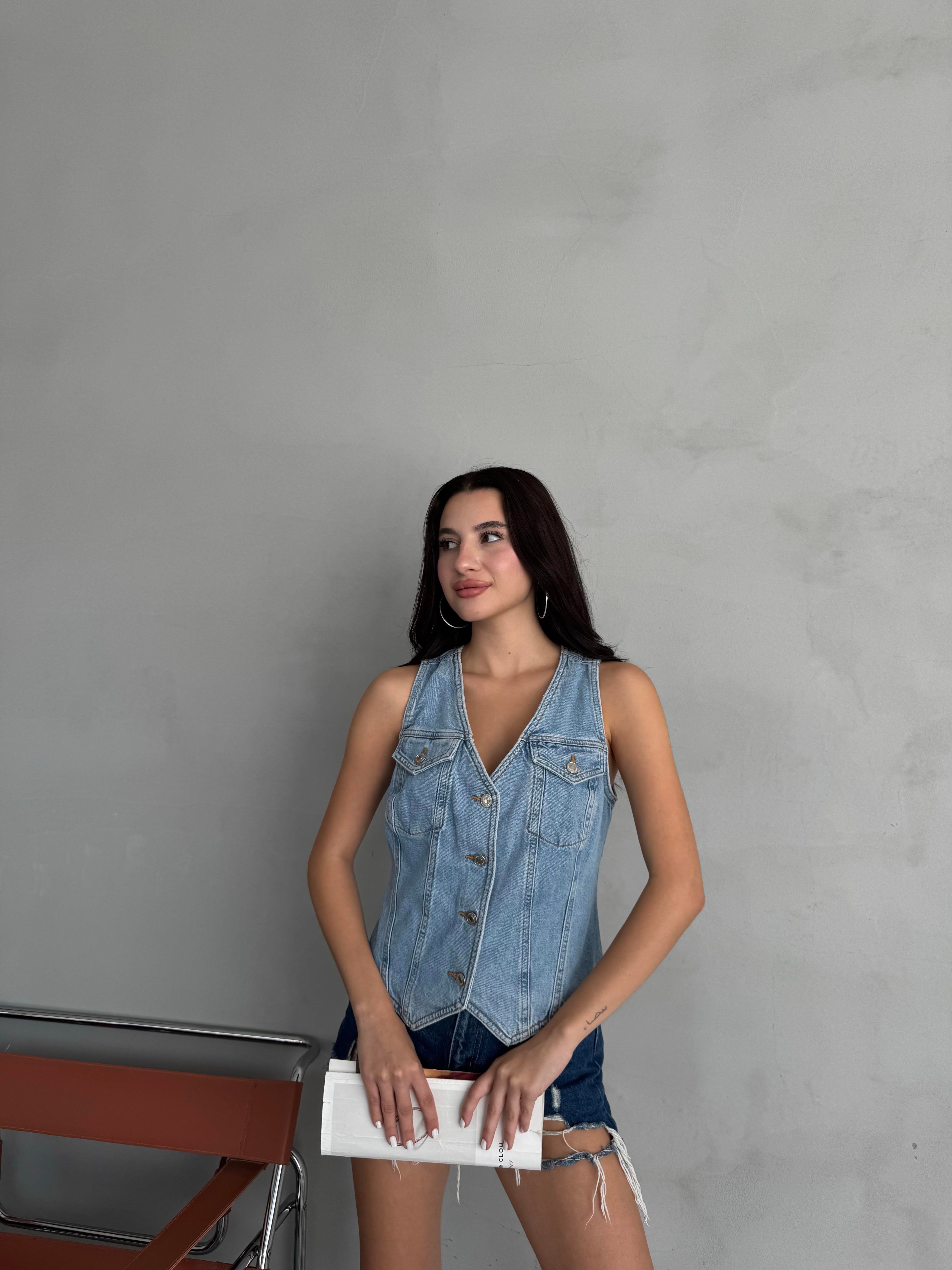 Açık Mavi Cepli Denim Yelek