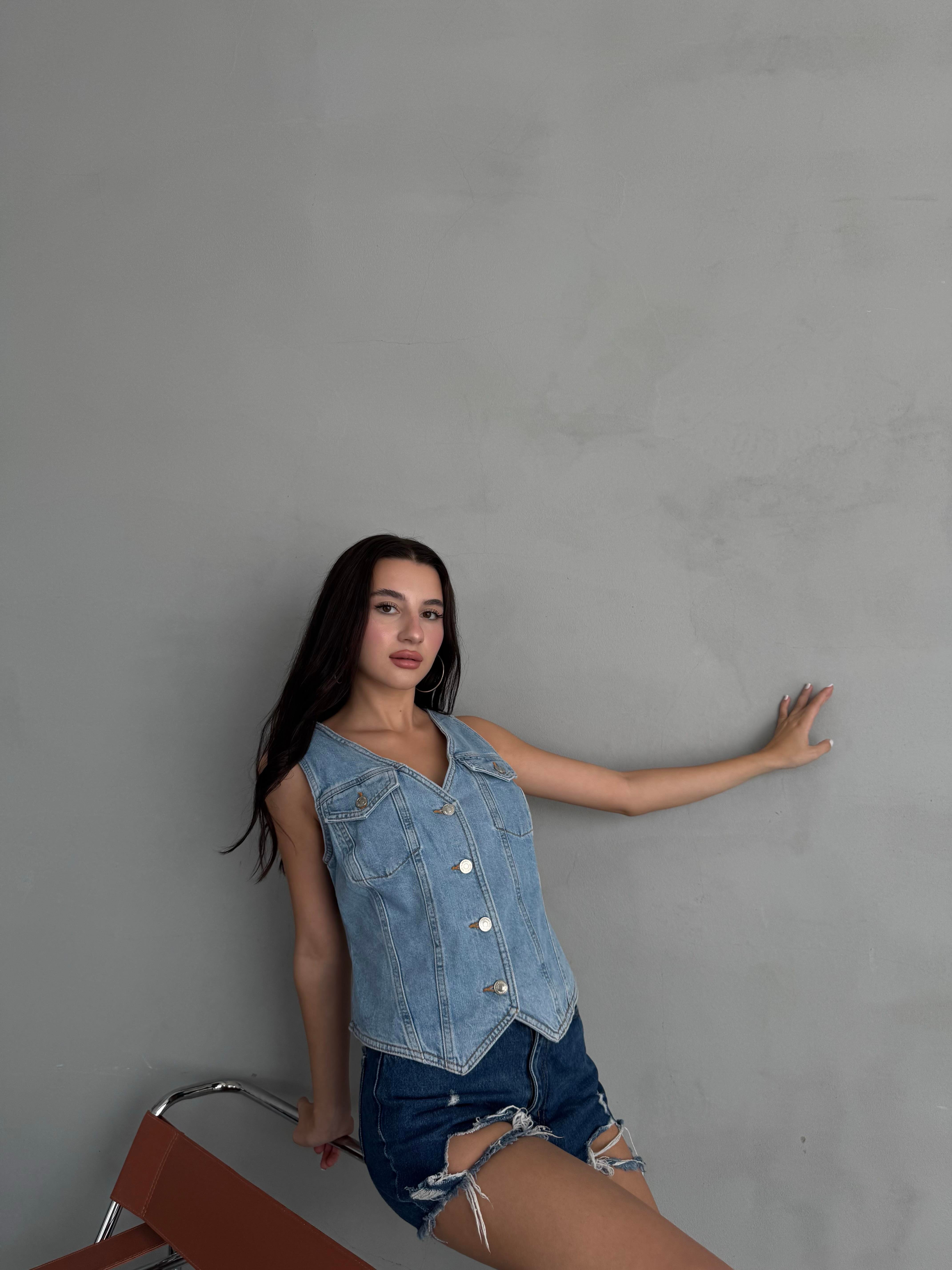 Açık Mavi Cepli Denim Yelek