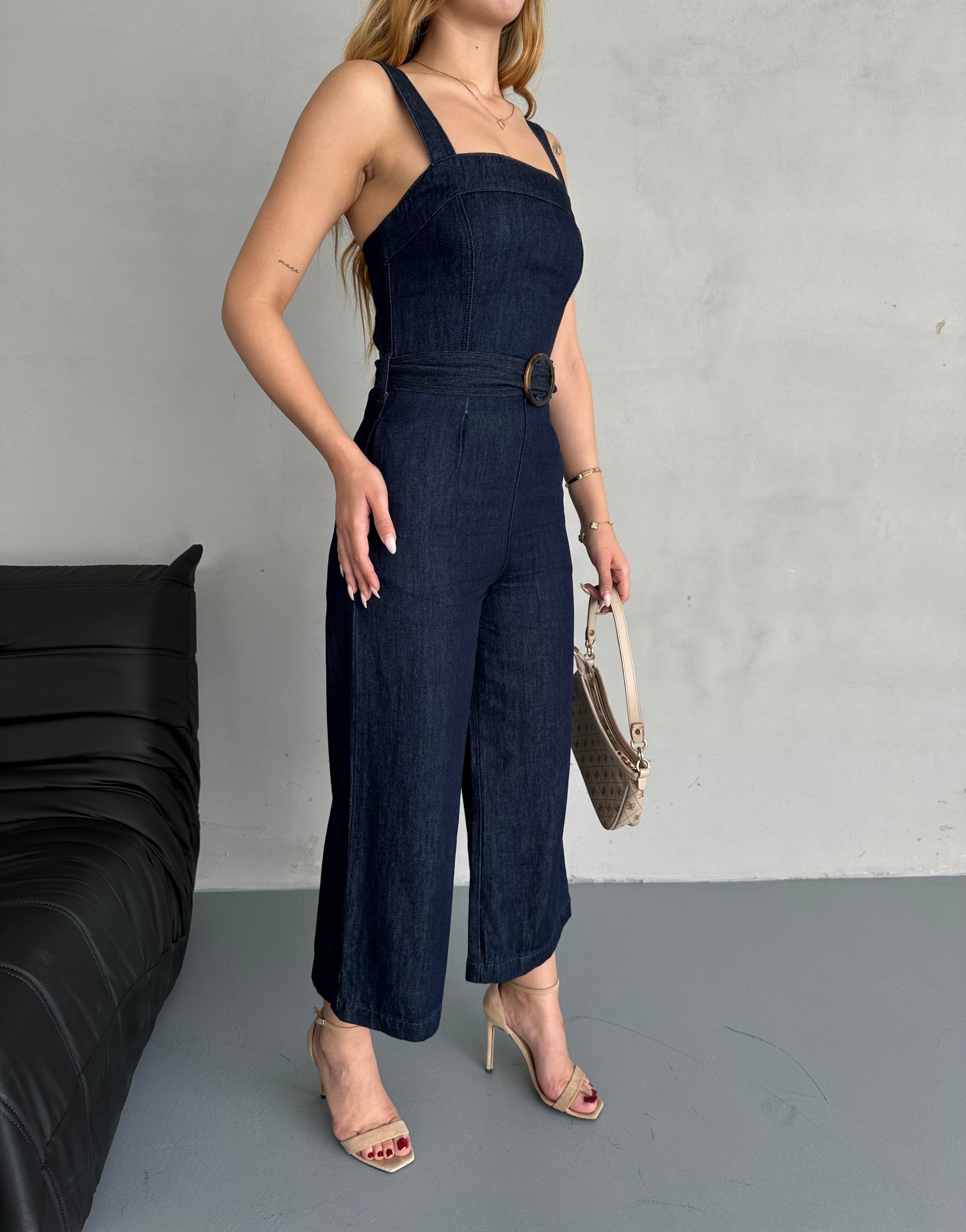 Lacivert Salopet Bol Paça Denim Tulum