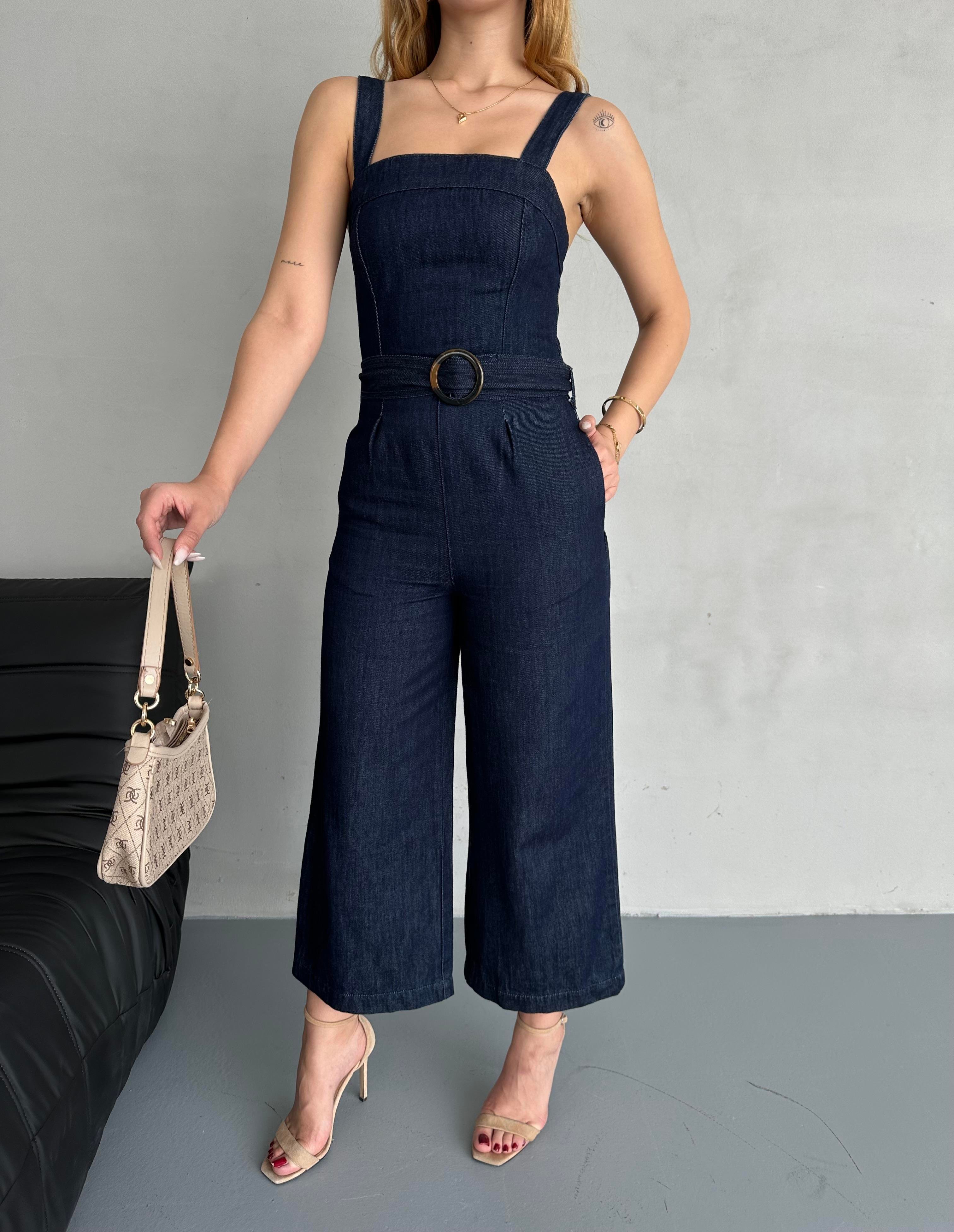 Lacivert Salopet Bol Paça Denim Tulum
