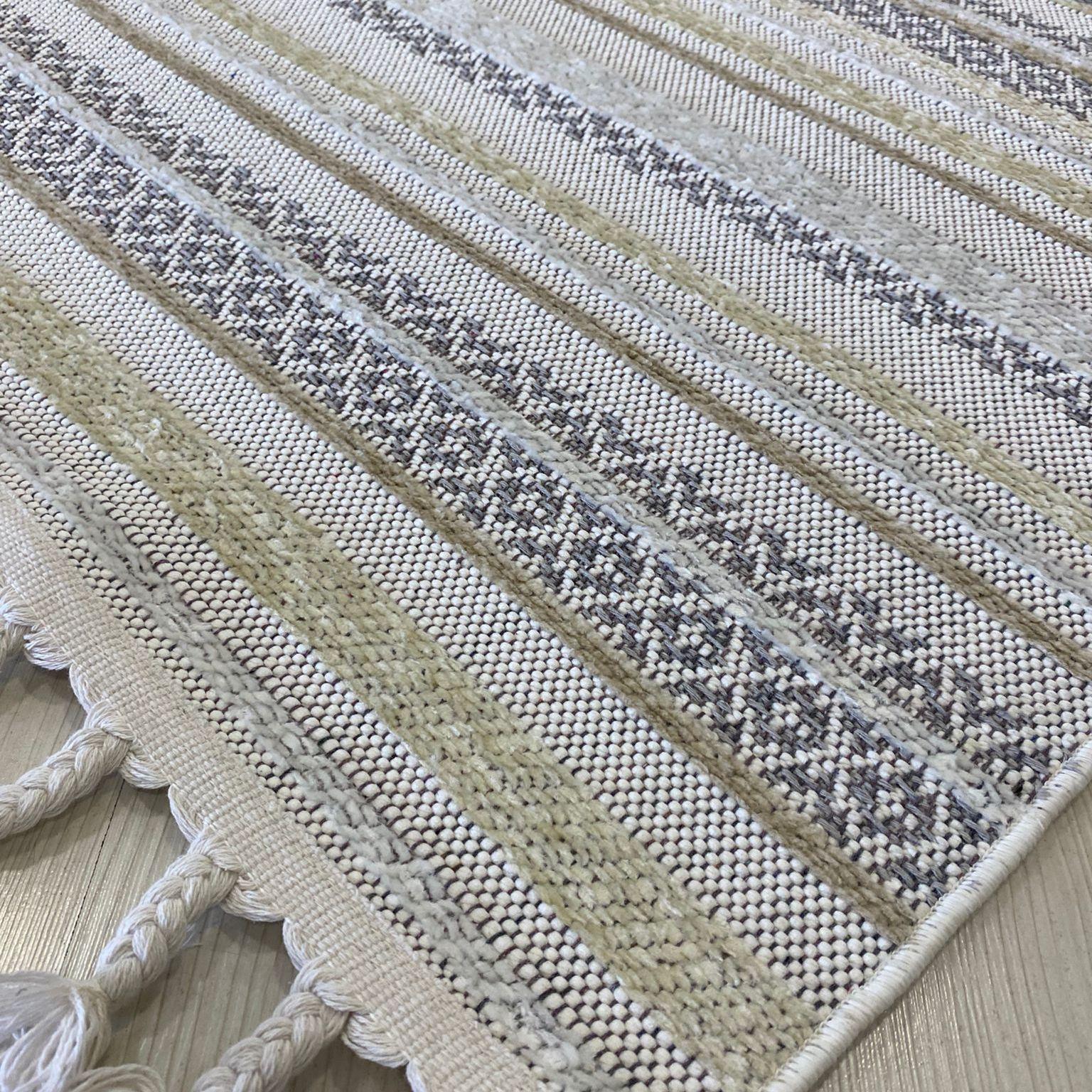 Meridyen Serisi 4801 Bej-Beyaz Şönil Kilim Yıkanabilir