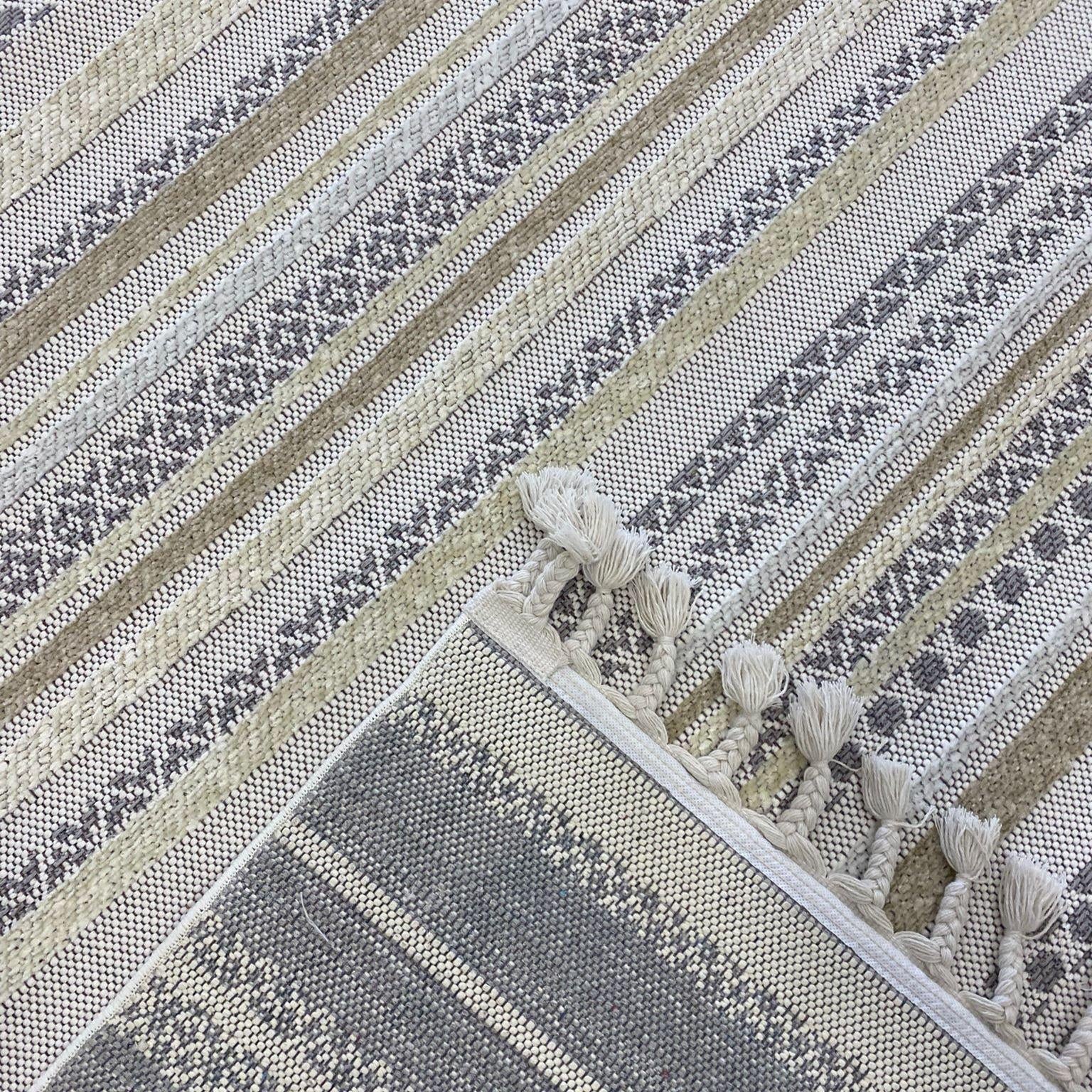 Meridyen Serisi 4801 Bej-Beyaz Şönil Kilim Yıkanabilir