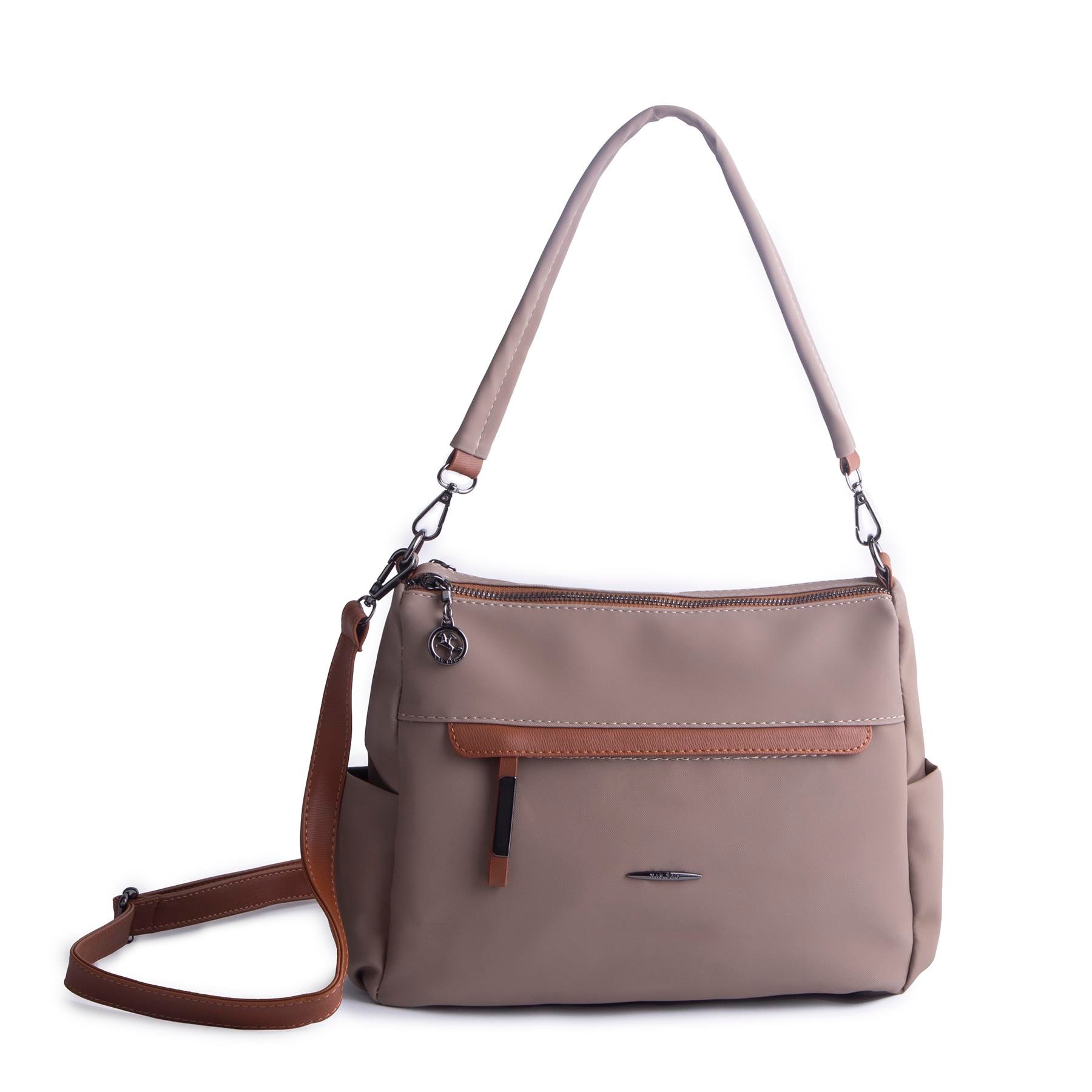 Nas Bag Çok Gözlü Yumuşak ve Hafif Yapılı Çift Askılı Omuz ve Çapraz Çanta Vizon Taba  Buzzy  ( 30x24 cm )