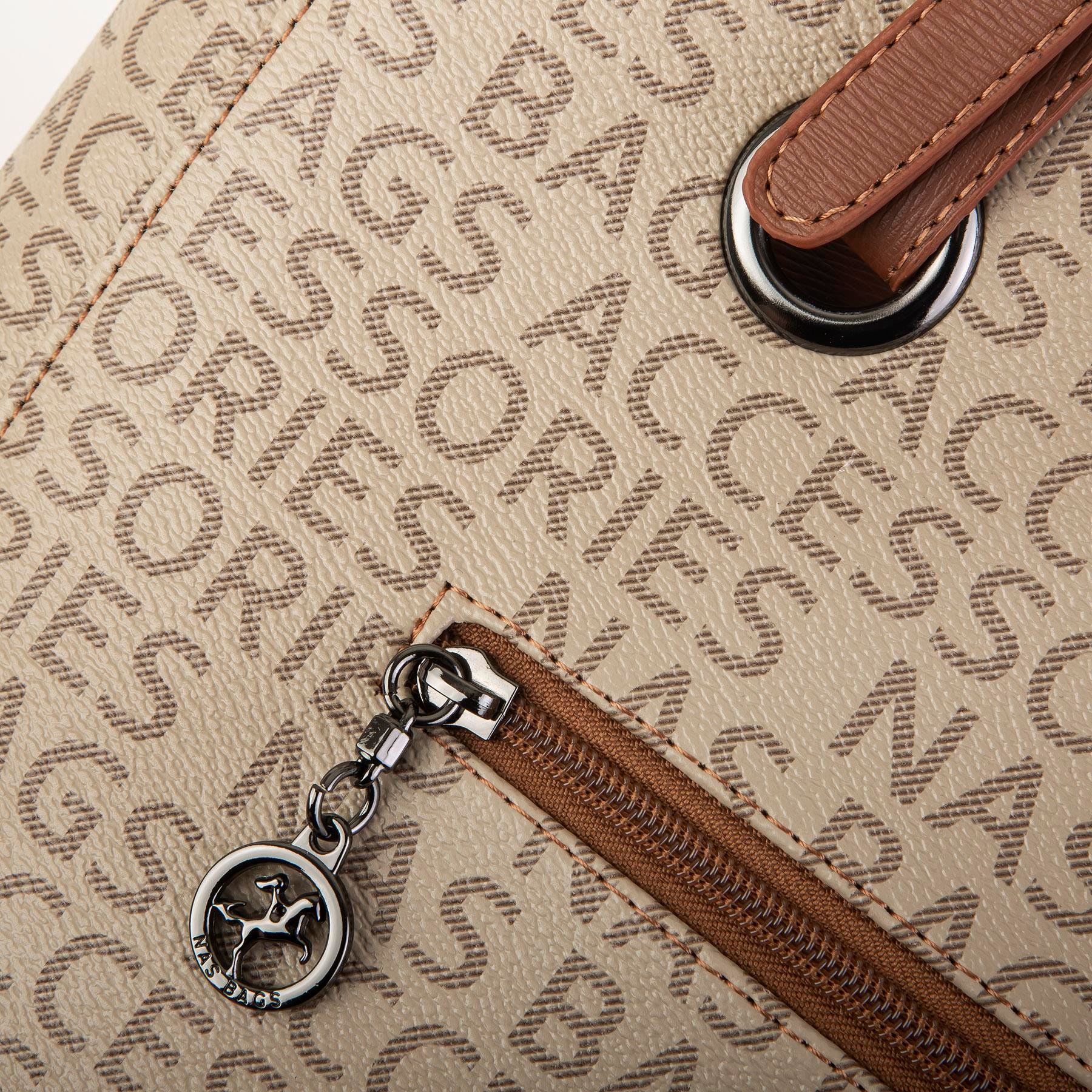 Nas Bag Kadın Büyük Boy Omuz Çantası ( 35x35x12 cm) Vizon Taba Yazılı