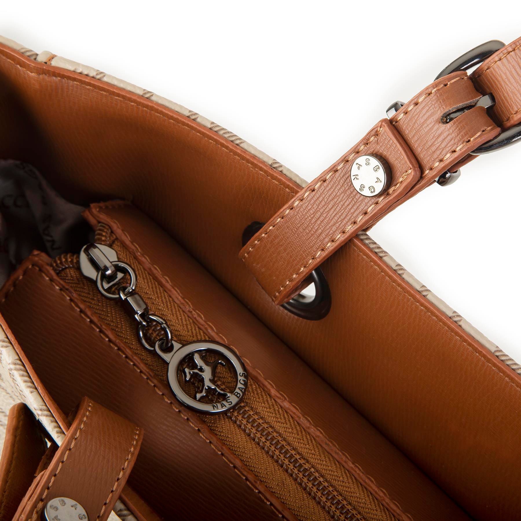 Nas Bag Kadın Büyük Boy Omuz Çantası ( 35x35x12 cm) Vizon Taba Yazılı