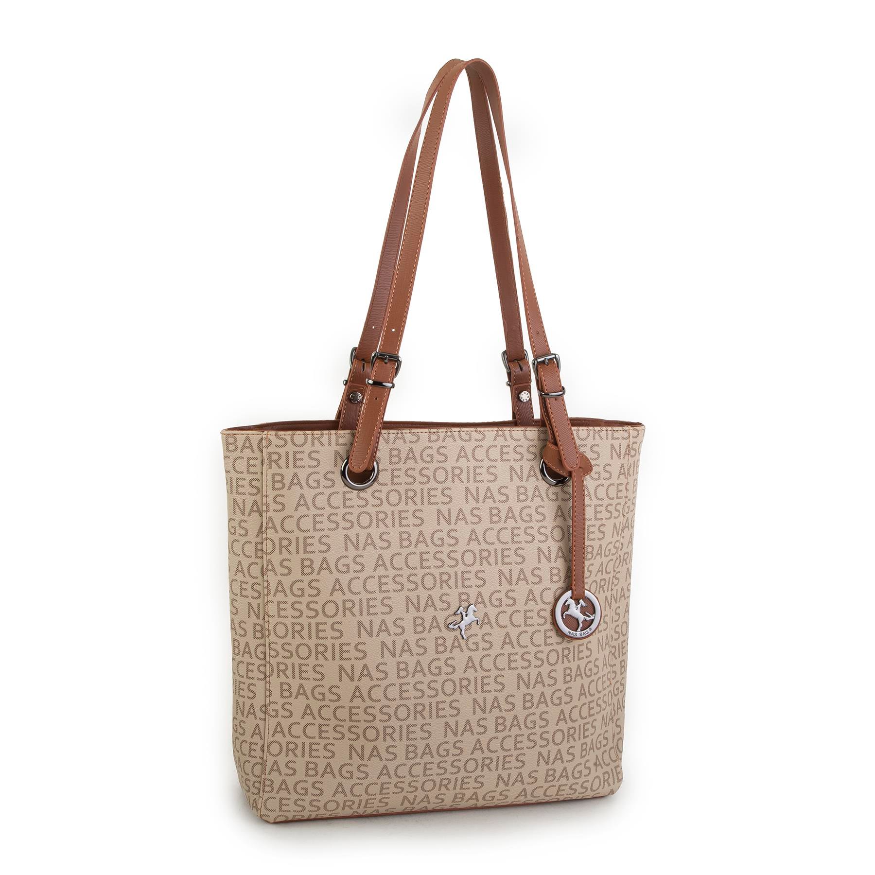 Nas Bag Kadın Büyük Boy Omuz Çantası ( 35x35x12 cm) Vizon Taba Yazılı