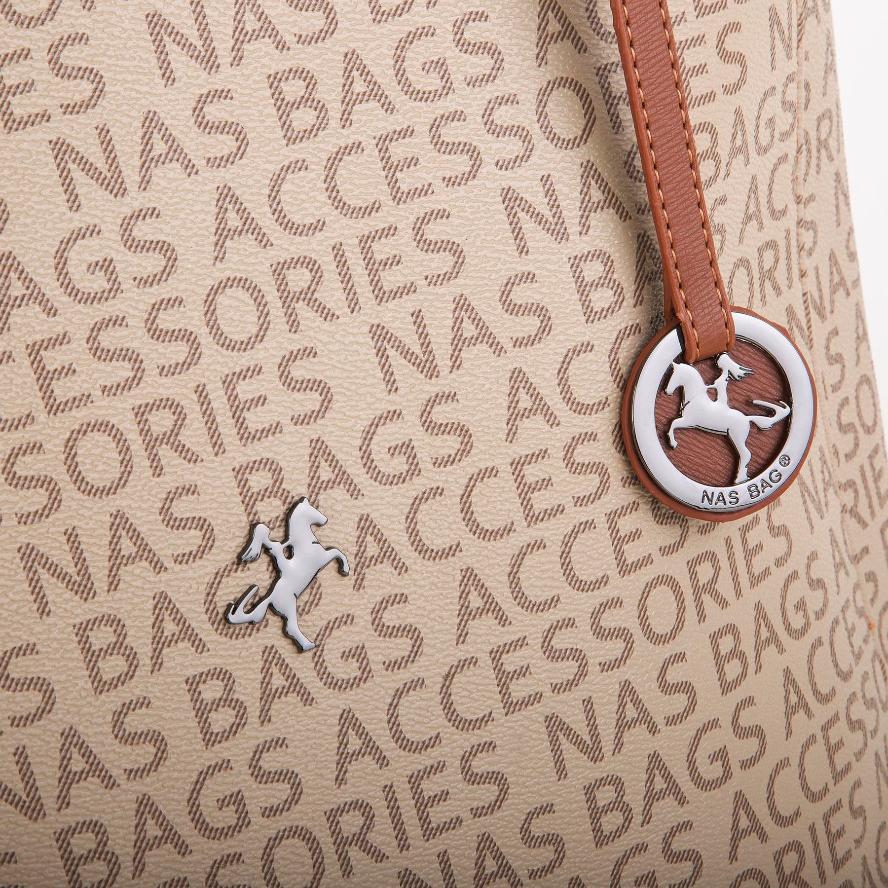 Nas Bag Kadın Büyük Boy Omuz Çantası ( 35x35x12 cm) Vizon Taba Yazılı