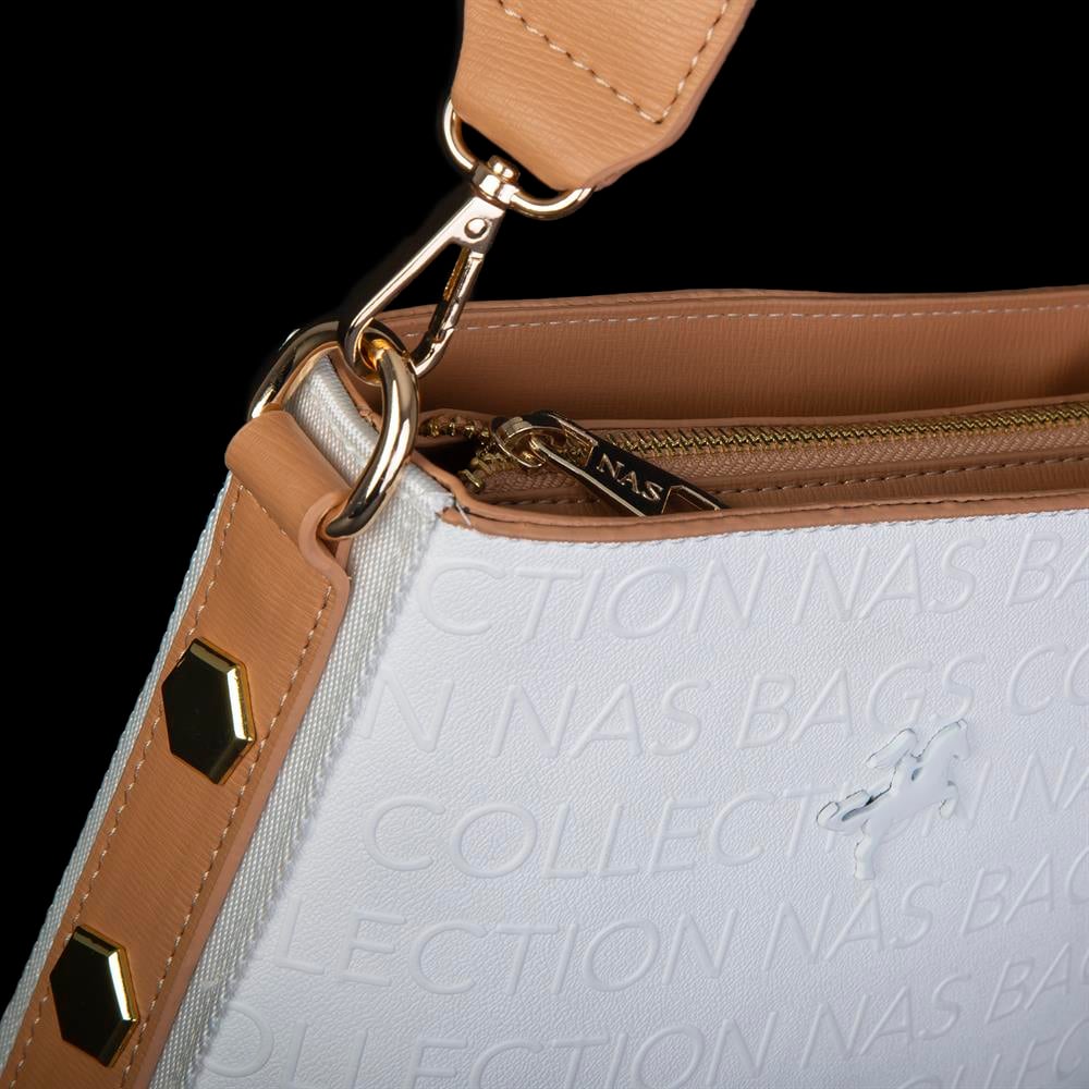 Nas Bag Kadın Çapraz Çanta Ayarlanabilir Askılı Beyaz  Camel Gofraj