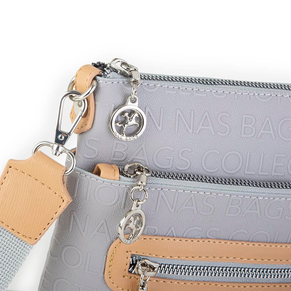 Nas Bag Kadın Çapraz Çanta Gri Camel Gofraj