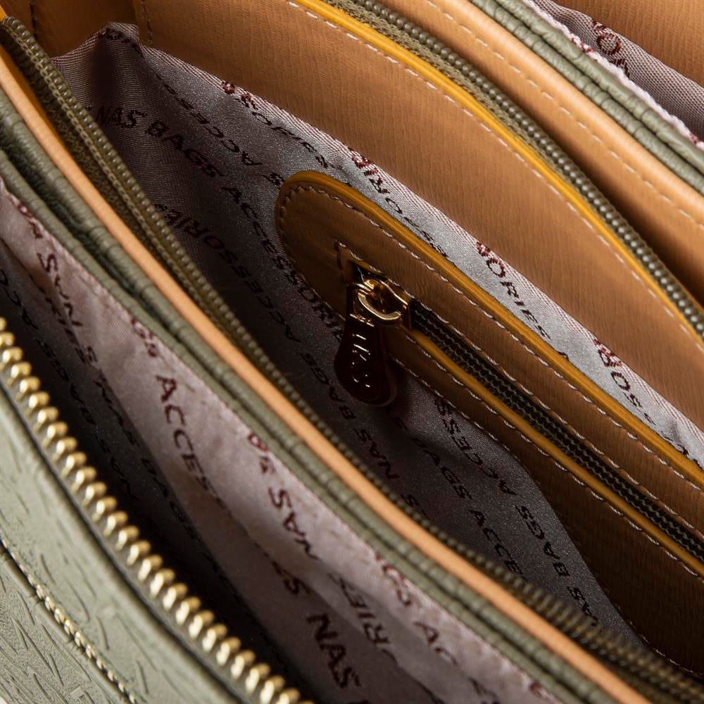 Nas Bag Kadın Çapraz Çanta Kalın Ayarlanabilir Askılı Çanta Yeşil Camel Gofraj