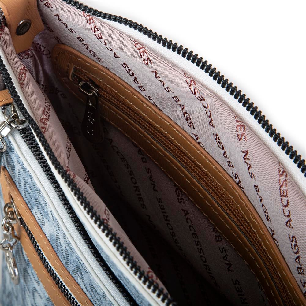 Nas Bag Kadın Çapraz Çanta Kot Camel  Yazılı