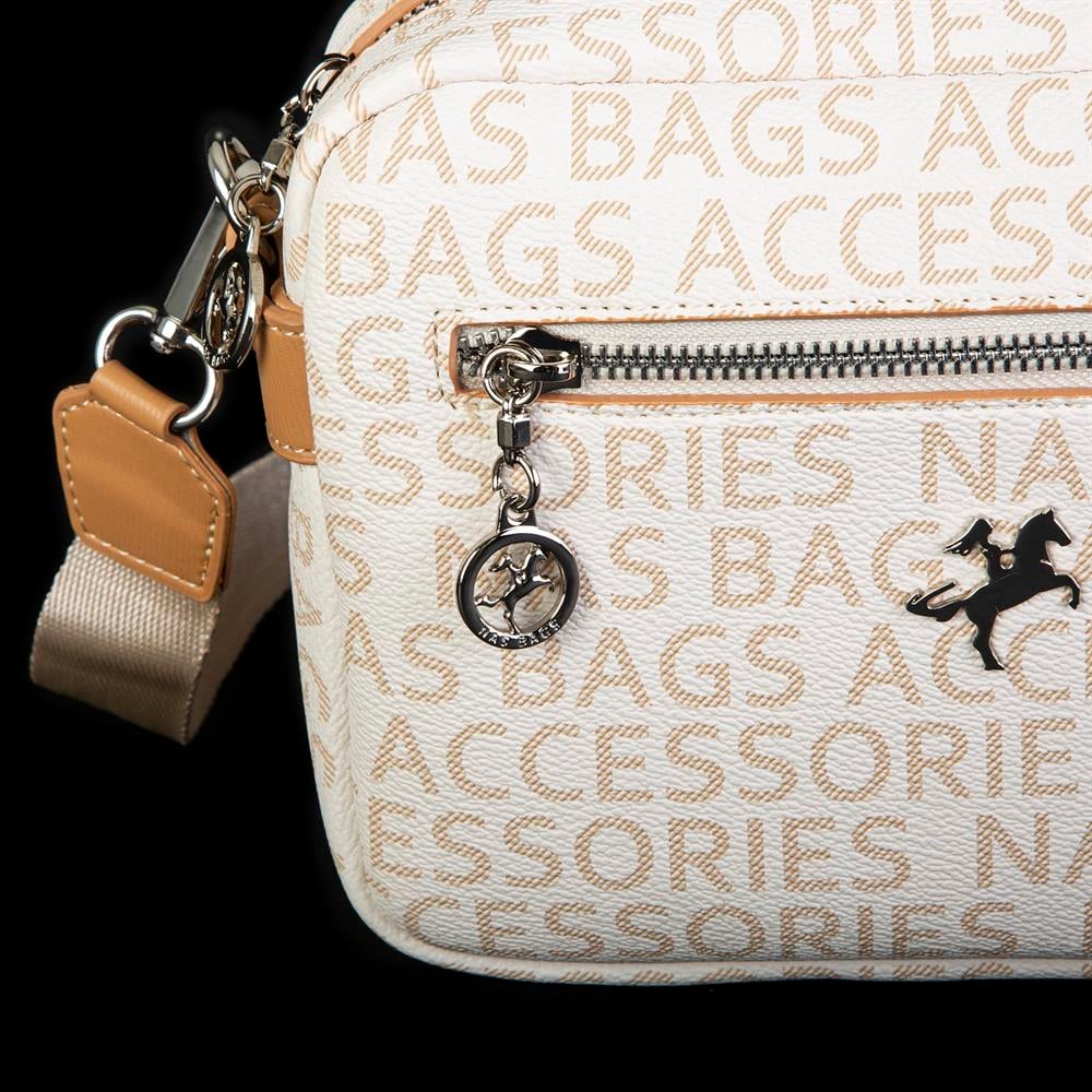 Nas Bag Kadın Çapraz Çanta Mini Cüzdanlı Ayarlanabilir Askılı Krem Camel Yazılı