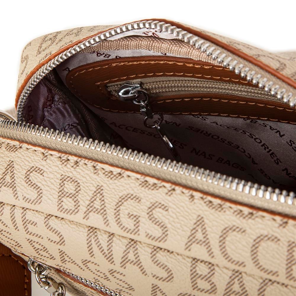 Nas Bag Kadın Çapraz Çanta Mini Cüzdanlı Ayarlanabilir Askılı Vizon Taba Yazılı