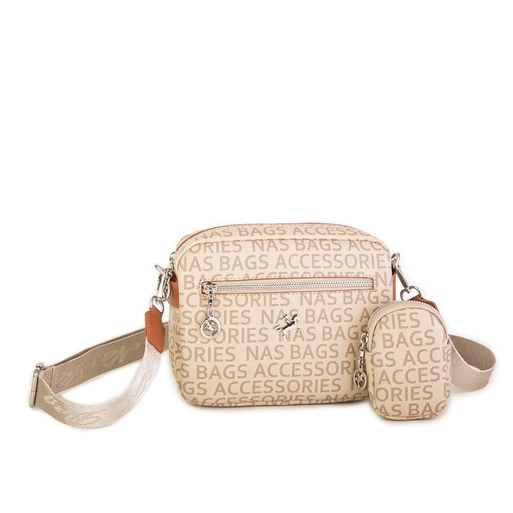 Nas Bag Kadın Çapraz Çanta Mini Cüzdanlı Ayarlanabilir Askılı Vizon Taba Yazılı