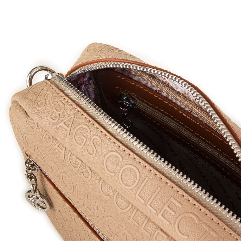 Nas Bag Kadın Çapraz Çanta Mini Cüzdanlı Ayarlanabilir Askılı Vizon Taba   Gofraj