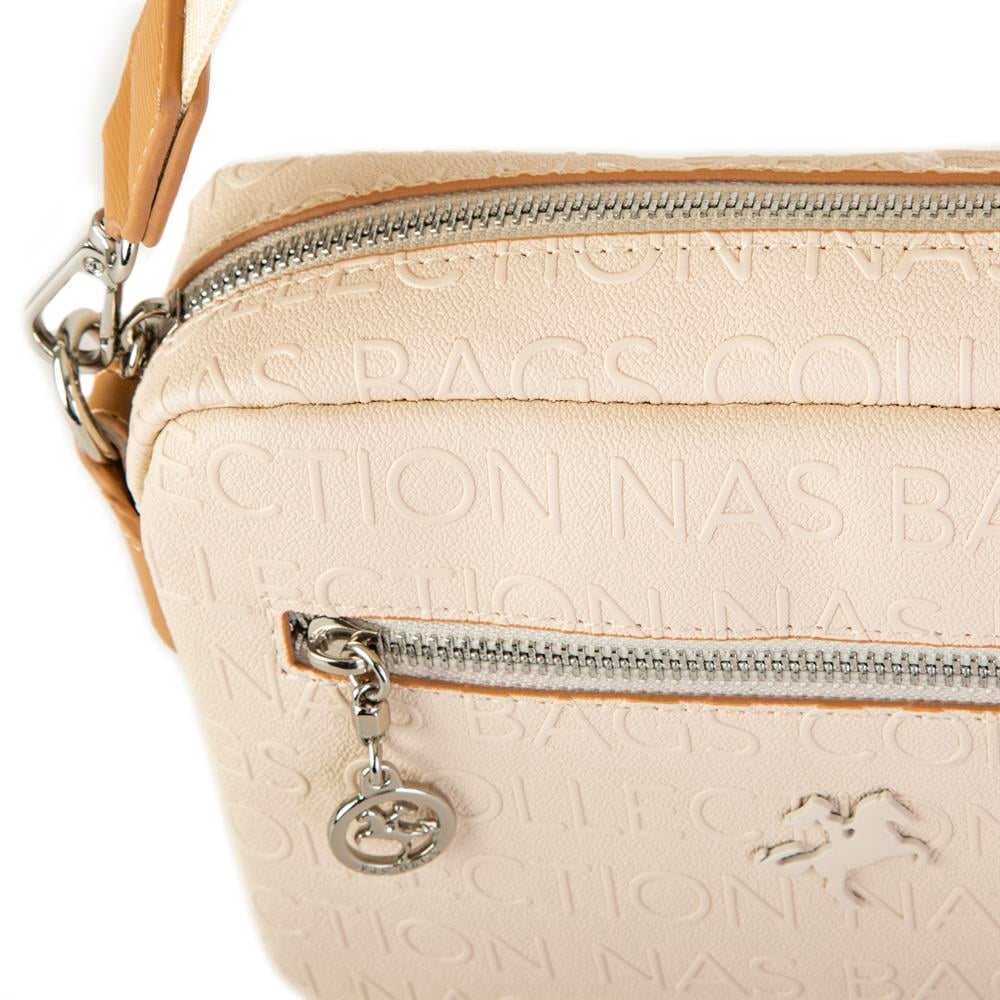 Nas Bag Kadın Çapraz Çanta Mini Cüzdanlı Ayarlanabilir Askılı Krem Camel Gofraj