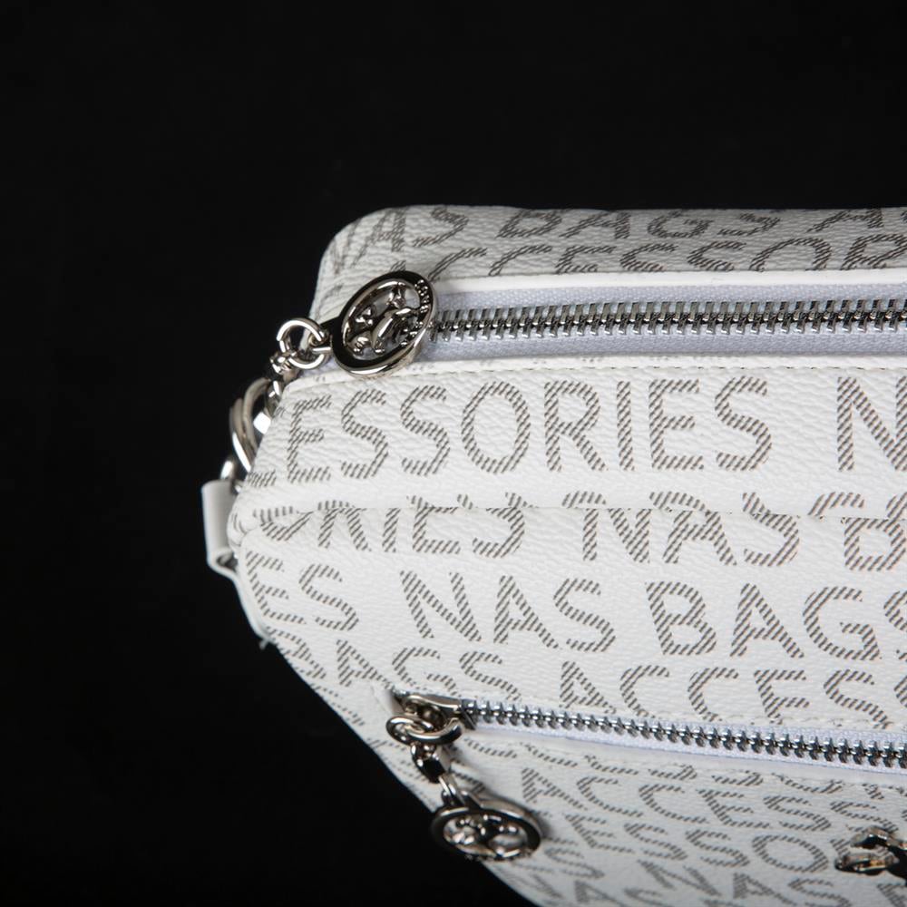 Nas Bag Kadın Çapraz Çanta Mini Cüzdanlı Ayarlanabilir Askılı Beyaz  Yazılı