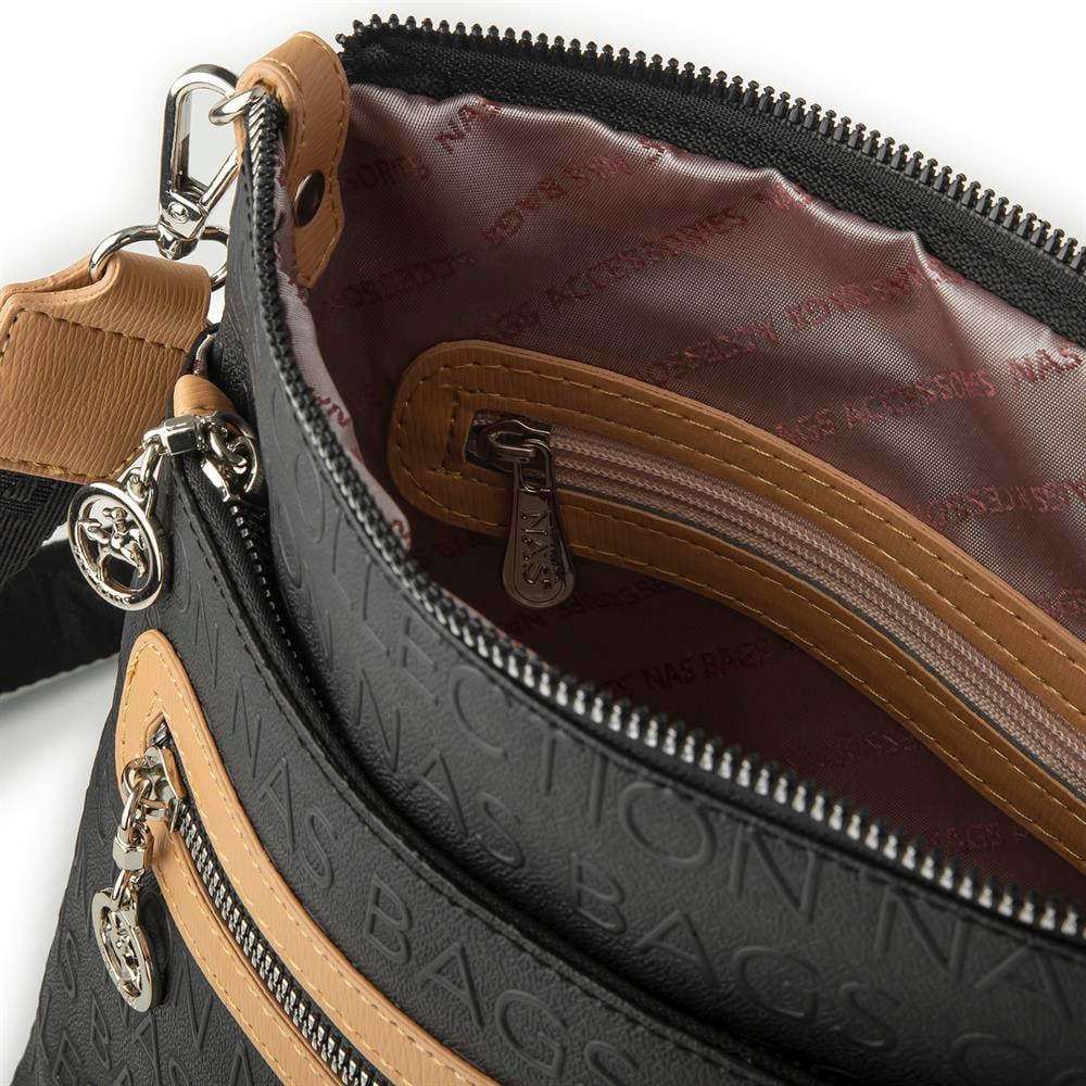 Nas Bag Kadın Çapraz Çanta Siyah Camel Gofraj