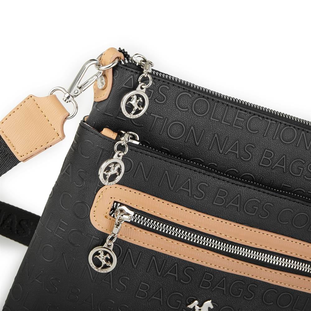 Nas Bag Kadın Çapraz Çanta Siyah Camel Gofraj