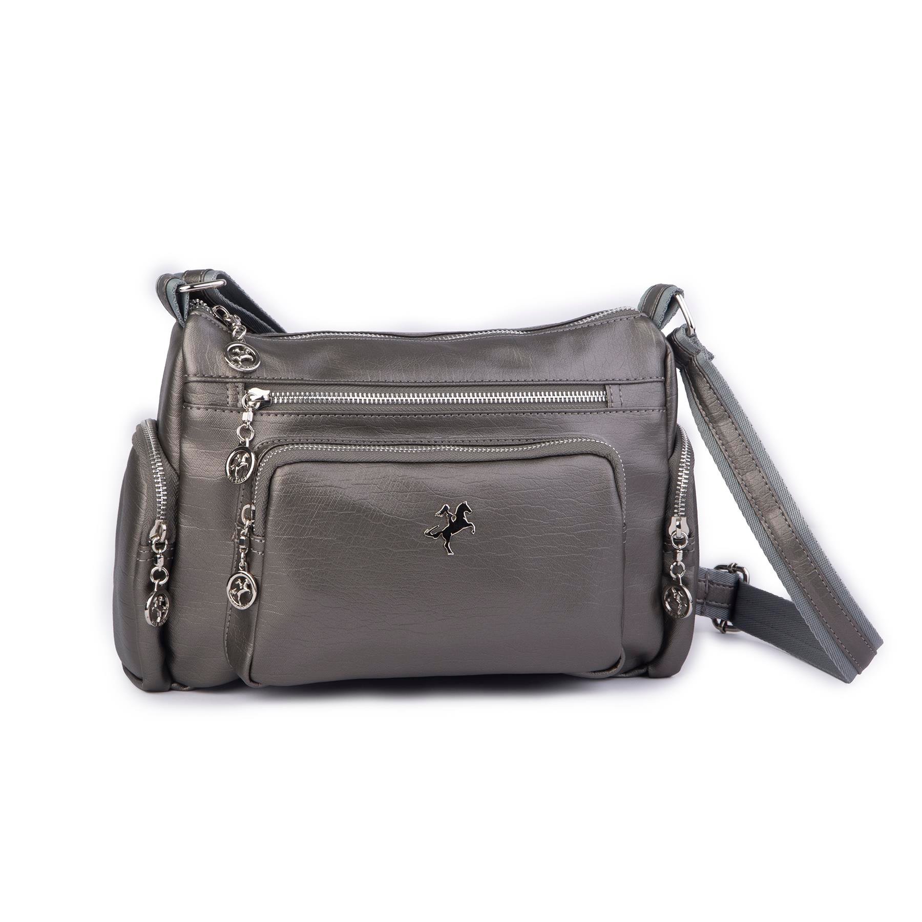 Nas Bag Kadın Çapraz Çok Gözlü Günlük Çanta Gri Yıkamalı Deri  ( 30x22 cm ebatlarındadır.)