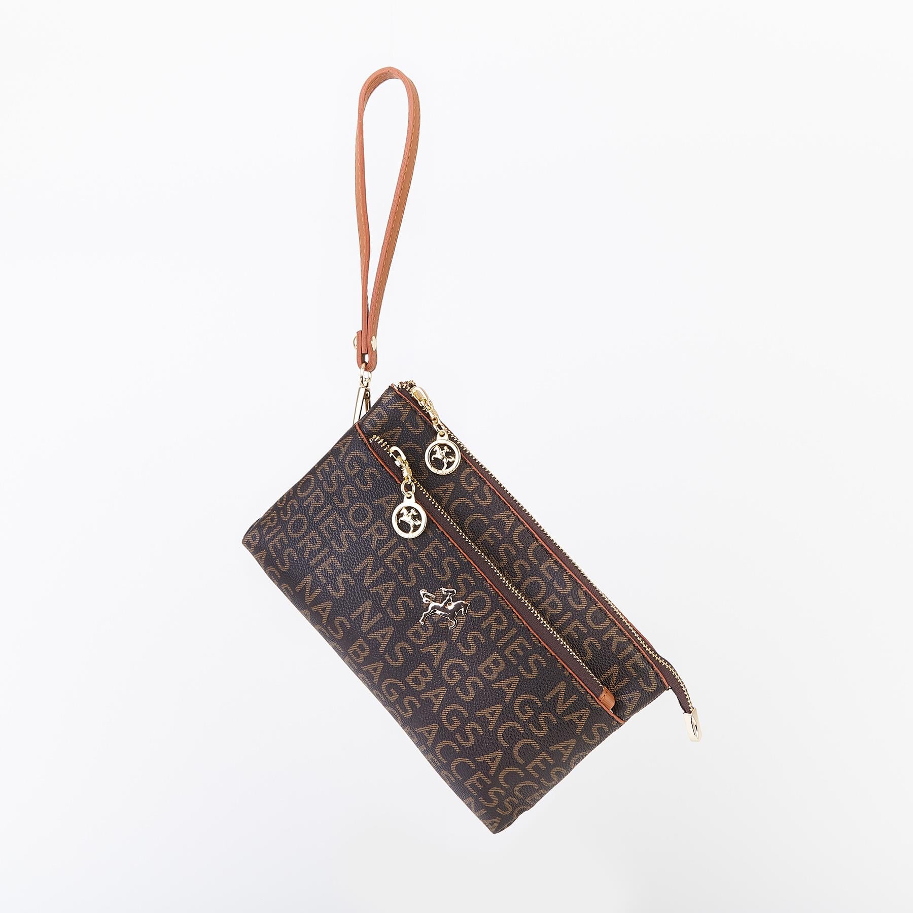 Nas Bag Kadın Çapraz ve Clutch Çanta Bilek ve Çapraz Askılı  Kahve Taba Yazılı (24x15 cm) 