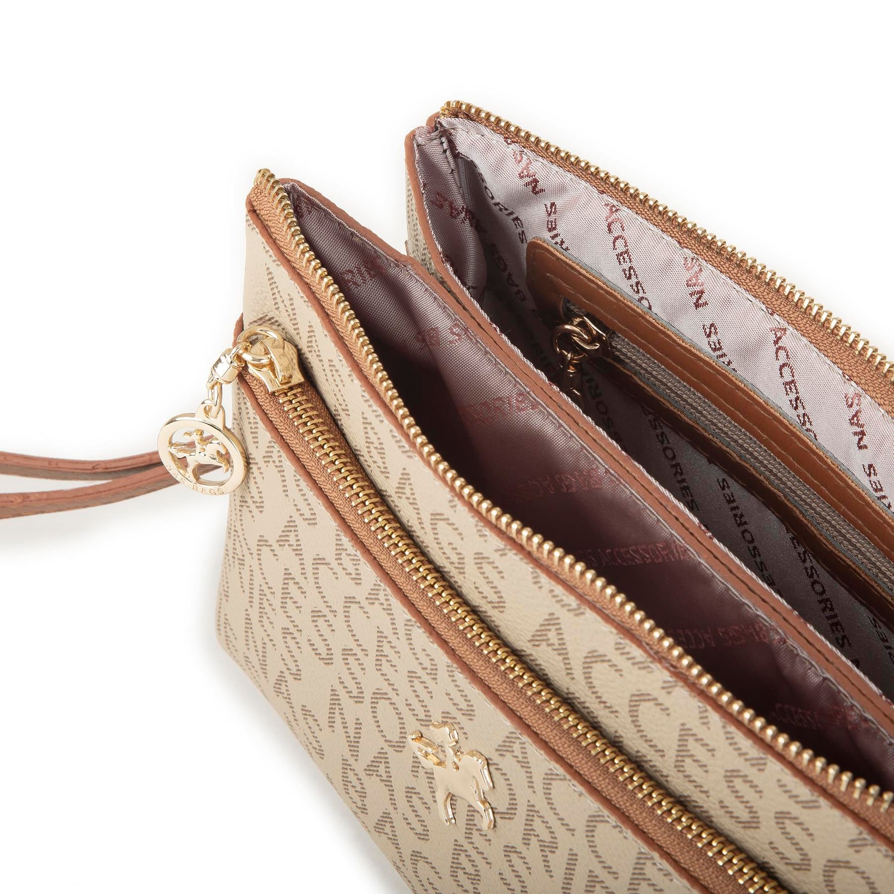 Nas Bag Kadın Çapraz ve Clutch Çanta Bilek ve Çapraz Askılı  Vizon Taba Yazılı   (24x15 cm) 