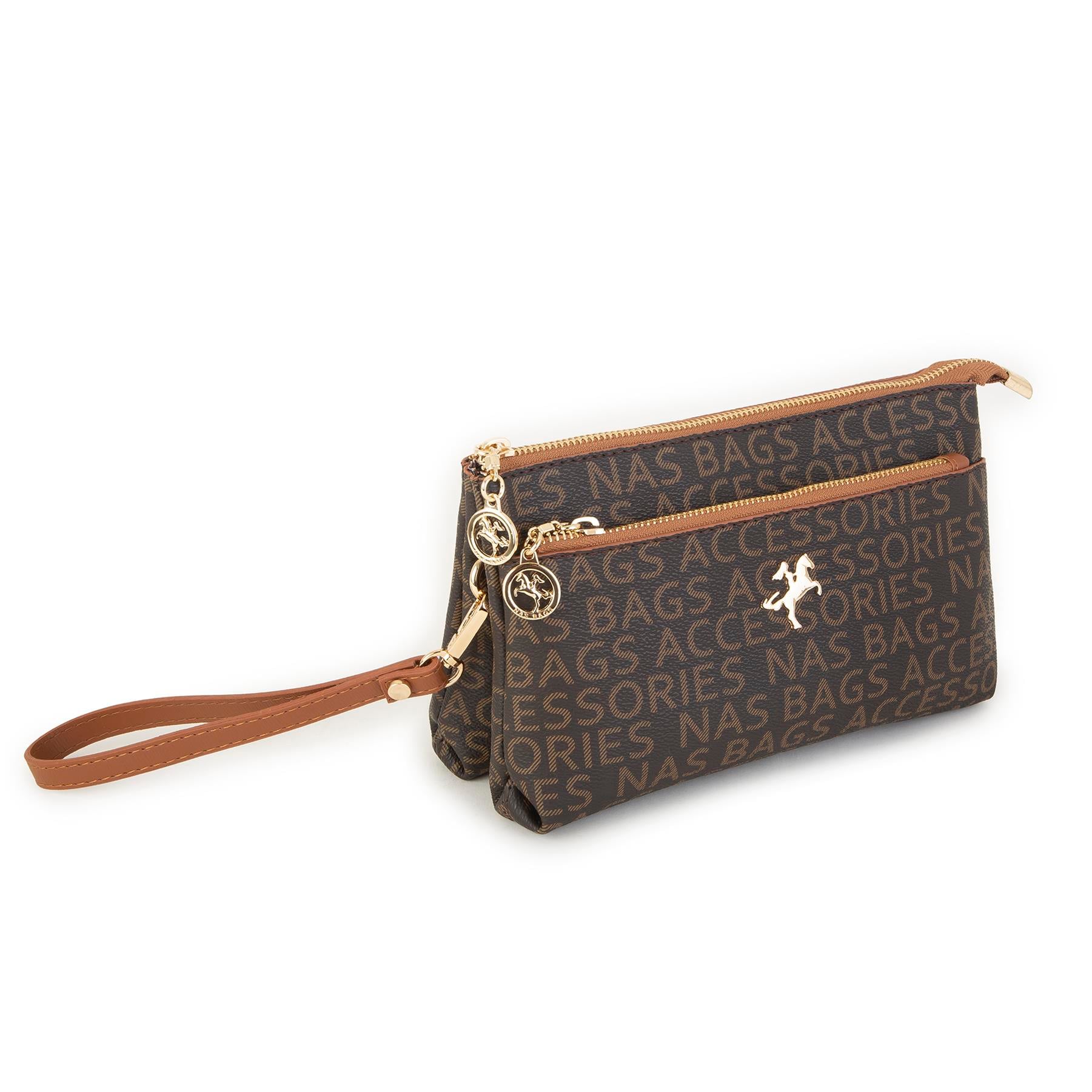 Nas Bag Kadın Çapraz ve Clutch Çanta Bilek ve Çapraz Askılı  Kahve Taba Yazılı (24x15 cm) 