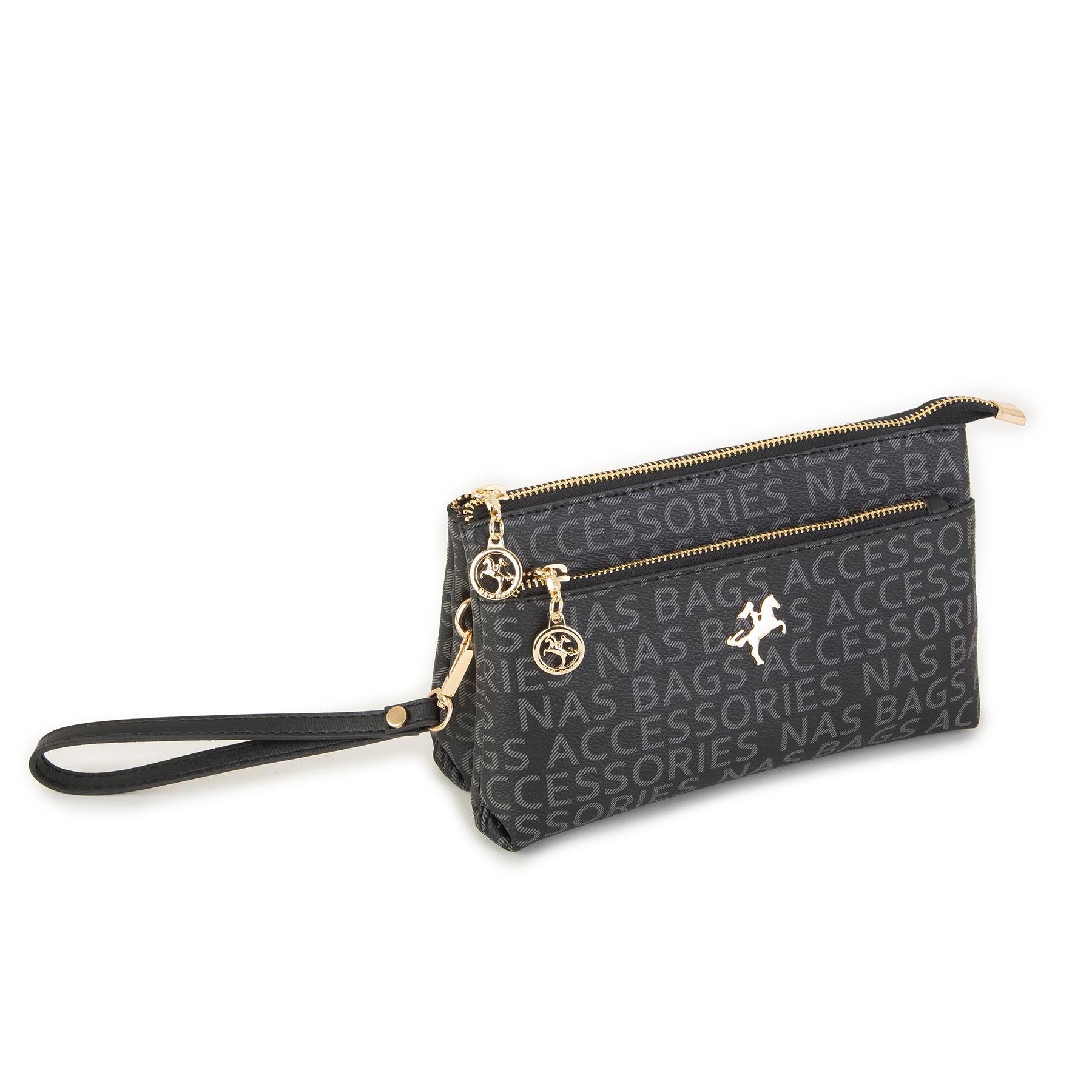 Nas Bag Kadın Çapraz ve Clutch Çanta Bilek ve Çapraz Askılı Siyah  Yazılı (24x15 cm) 