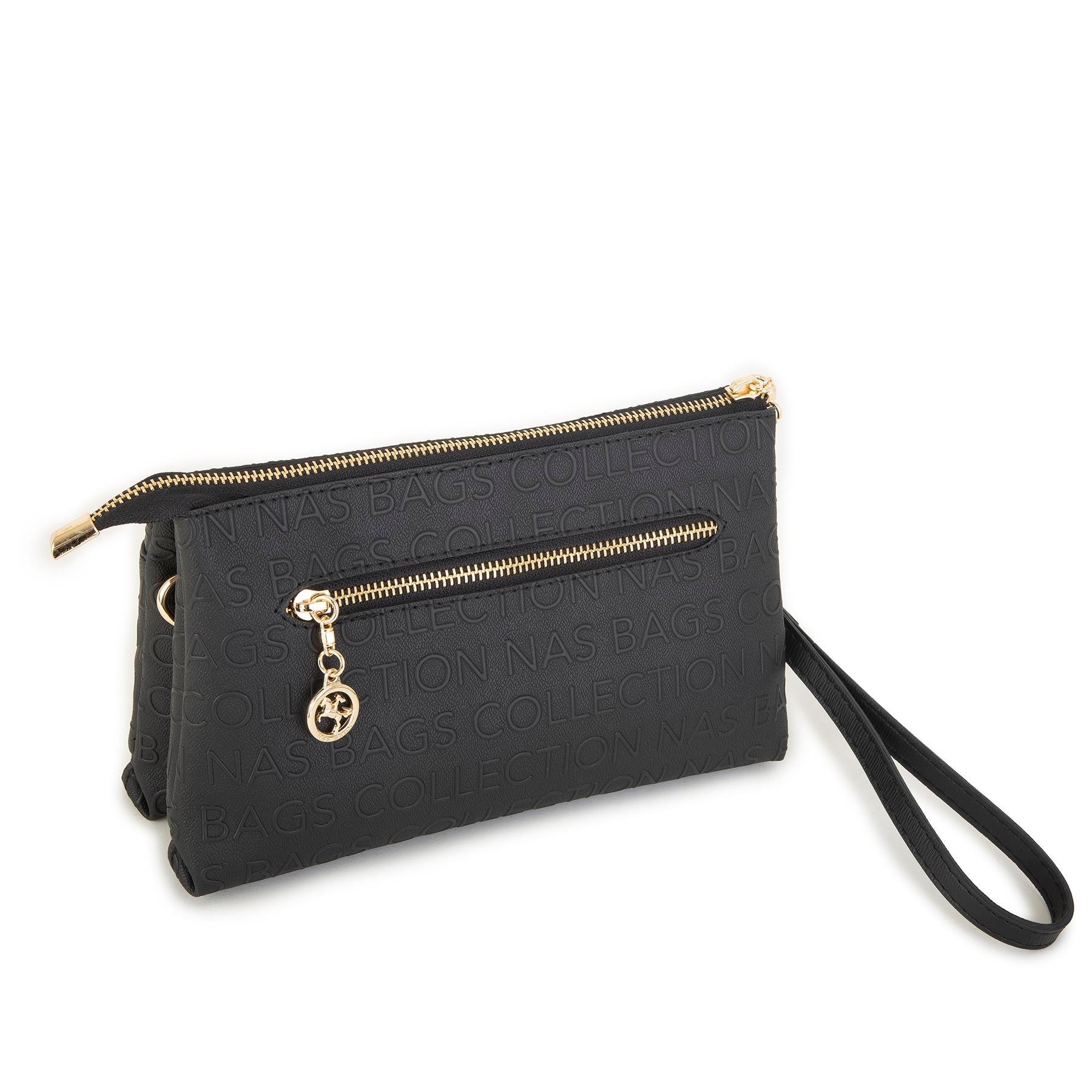Nas Bag Kadın Çapraz ve Clutch Çanta Bilek ve Çapraz Askılı  Siyah  Gofraj  (24x15 cm) 