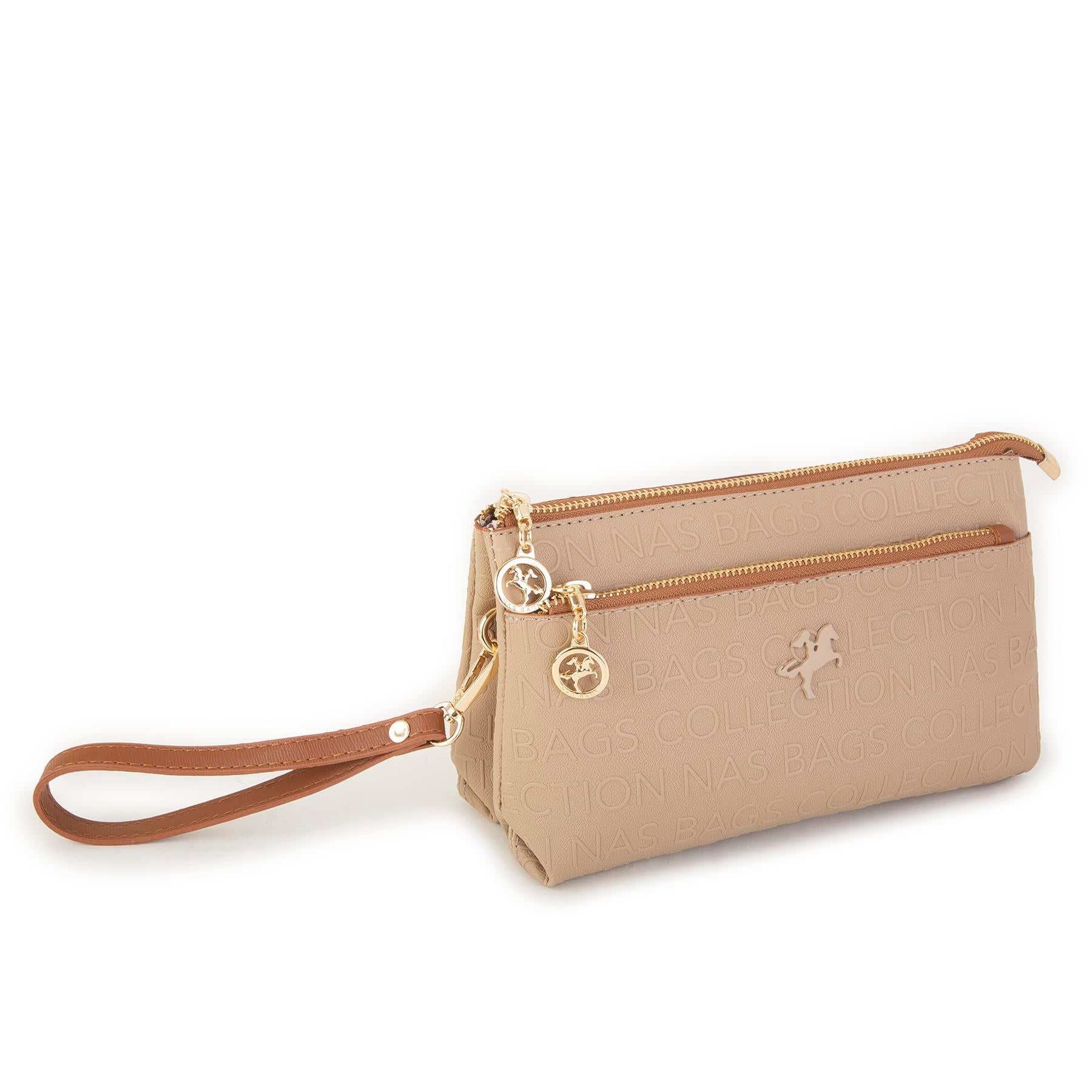 Nas Bag Kadın Çapraz ve Clutch Çanta Bilek ve Çapraz Askılı Kum Taba  Gofraj  (24x15 cm) 
