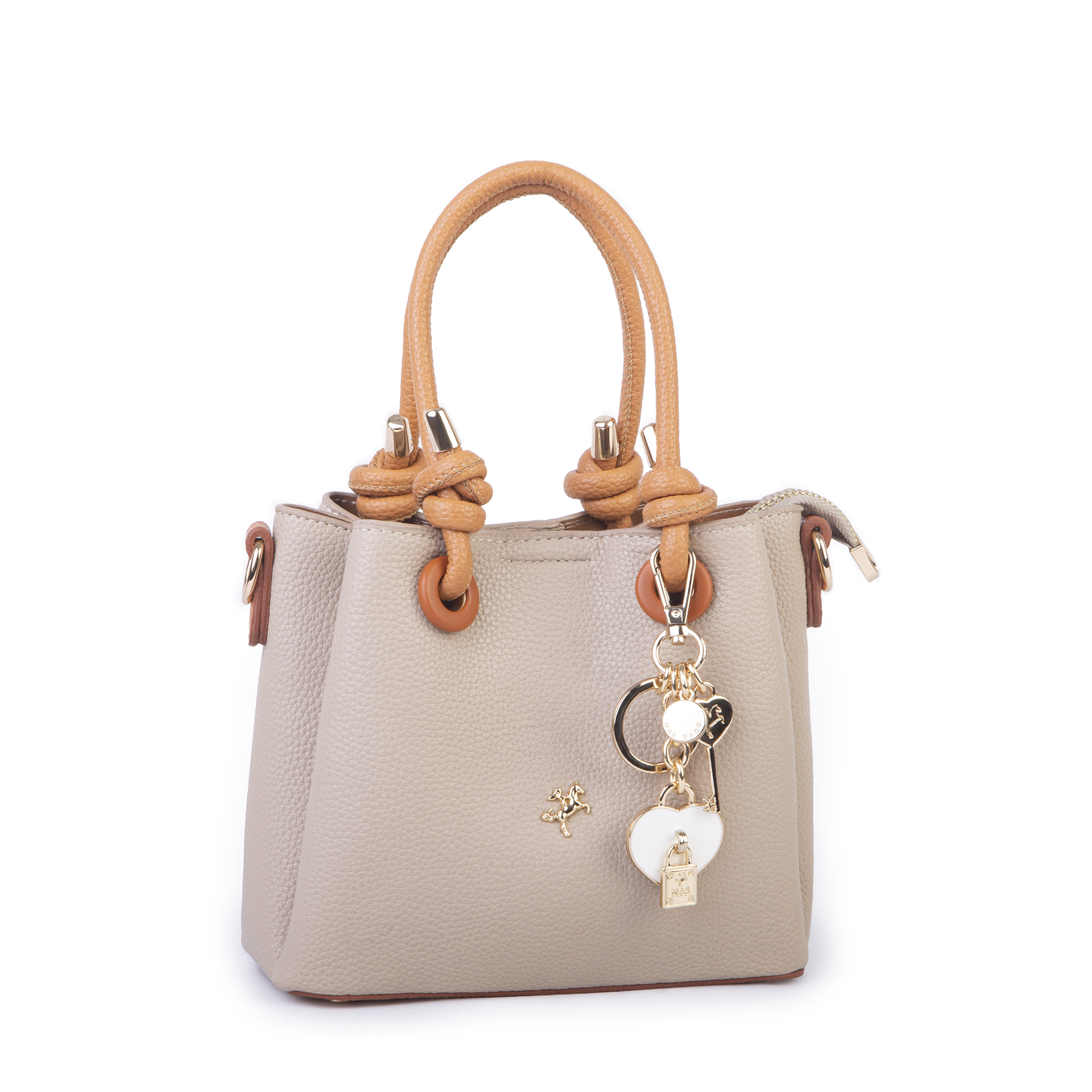 Nas Bag Kadın Charmlı Mini El ve Çapraz Çanta (en :19 cm , boy:15 cm) Kum Taba Lopez