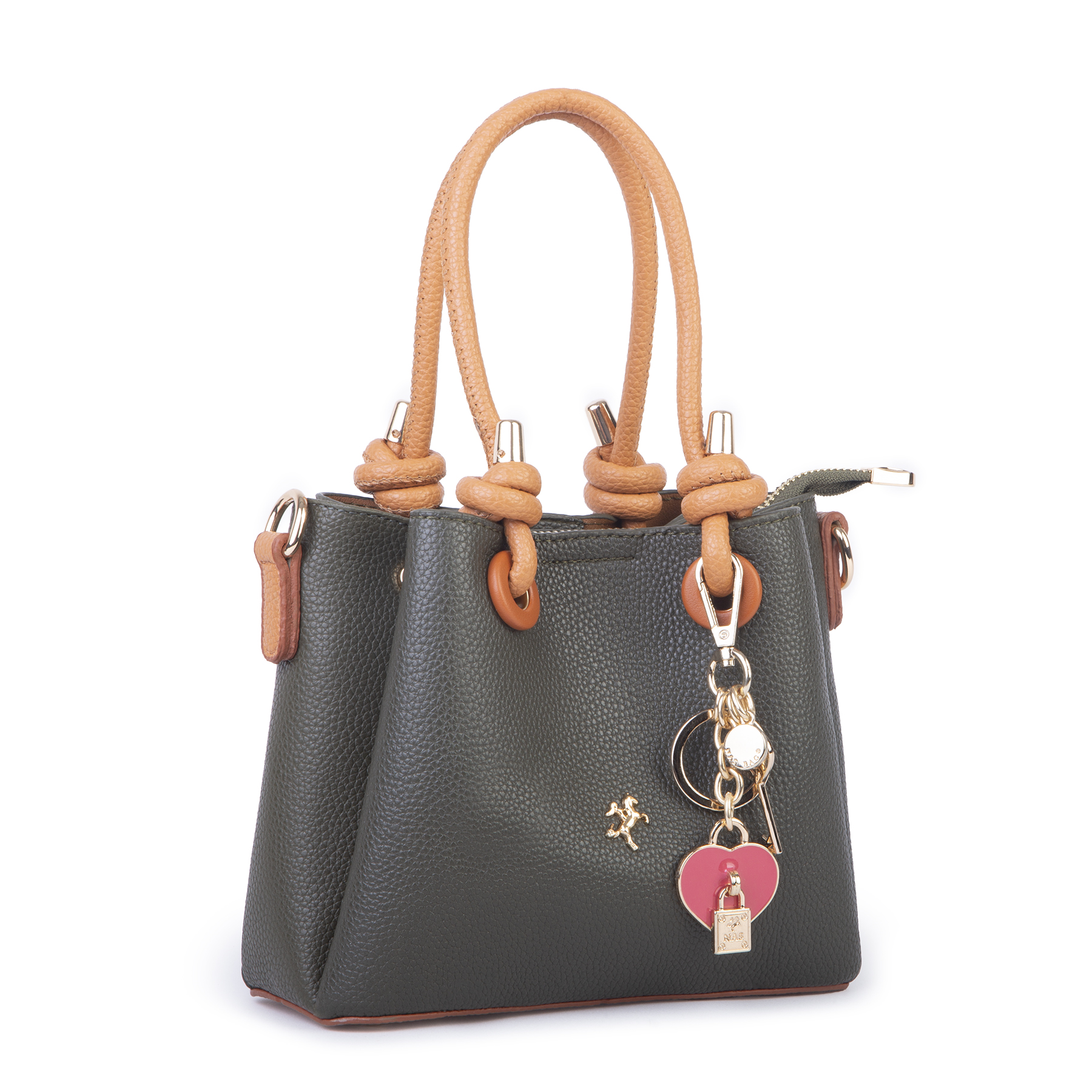 Nas Bag Kadın Charmlı Mini El ve Çapraz Çanta (en :19 cm , boy:15 cm) Haki Taba Lopez