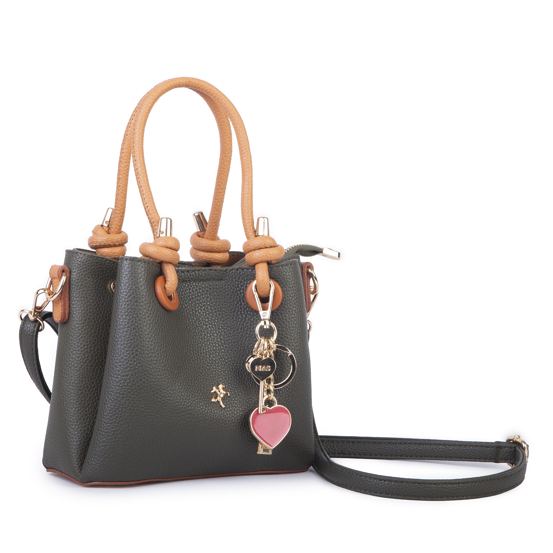 Nas Bag Kadın Charmlı Mini El ve Çapraz Çanta (en :19 cm , boy:15 cm) Haki Taba Lopez
