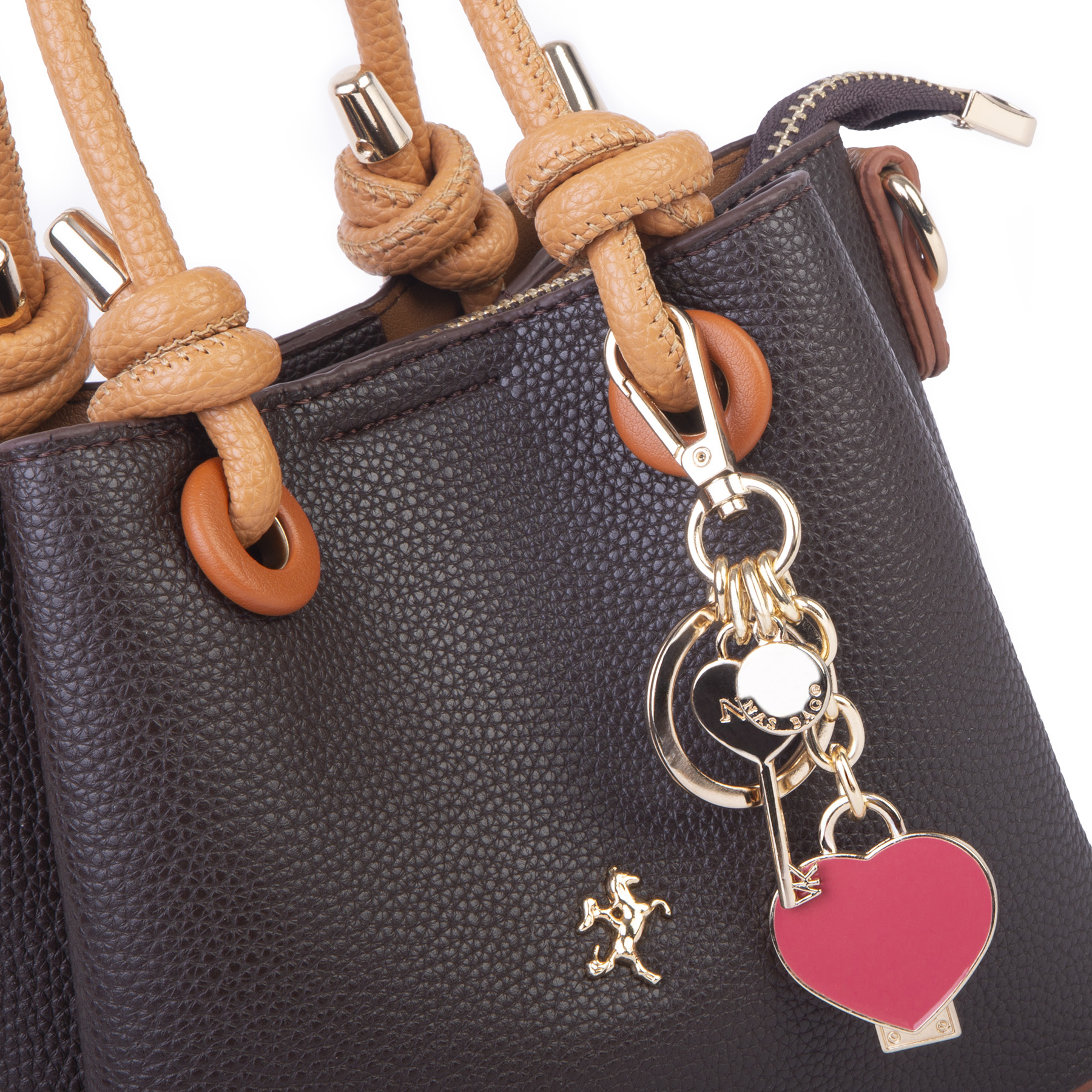 Nas Bag Kadın Charmlı Mini El ve Çapraz Çanta (en :19 cm , boy:15 cm) Kahve Taba Lopez