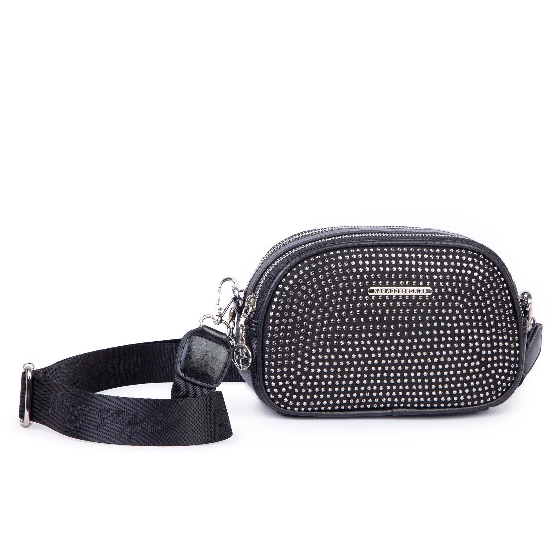 Nas Bag Kadın Mini Çapraz Çift Gözlü Çanta Siyah Gümüş Taşlı