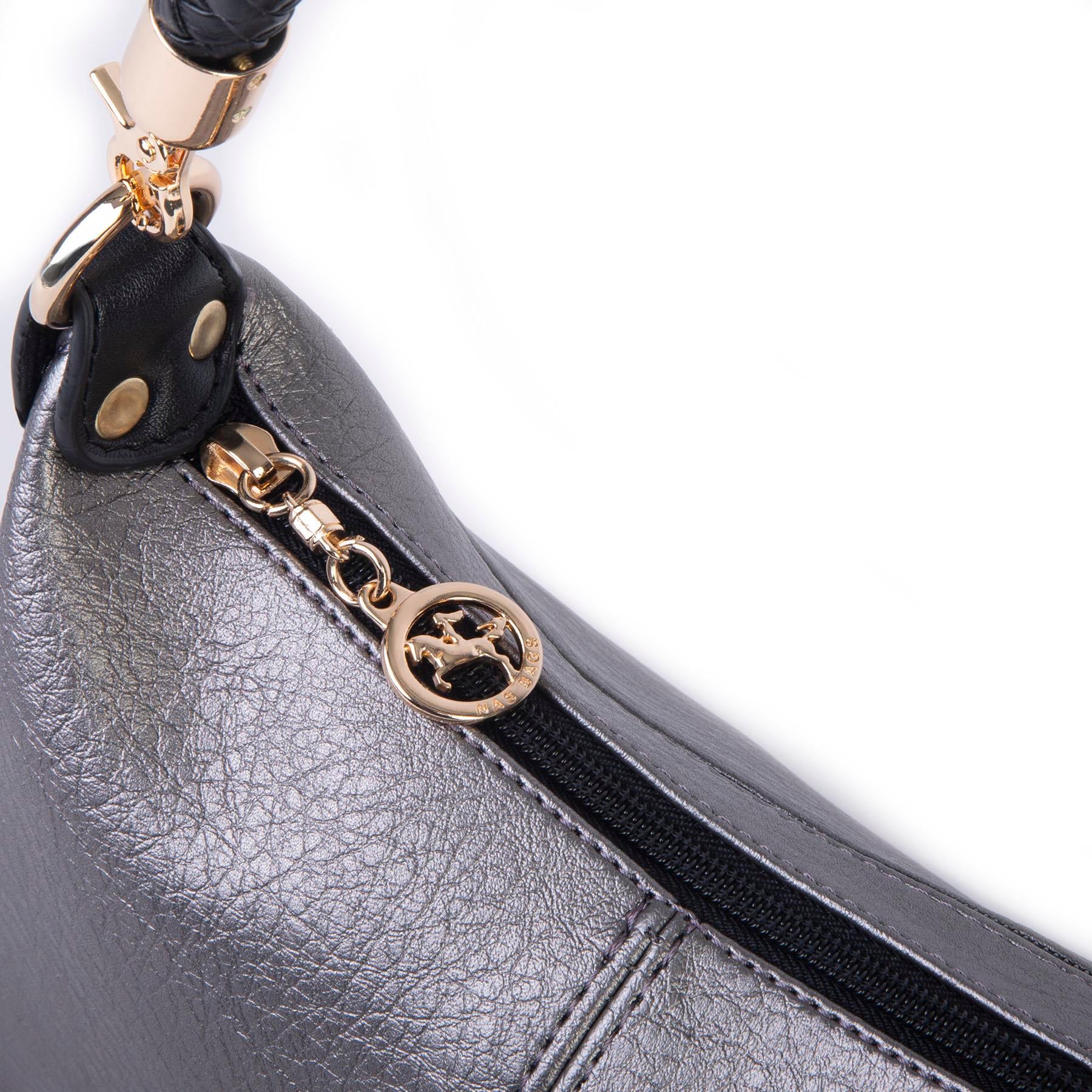 Nas Bag Kadın Mini Omuz ve Çapraz Çanta Örgülü Askılı (en: 23 cm , boy: 14 cm) Gri Siyah Victoria