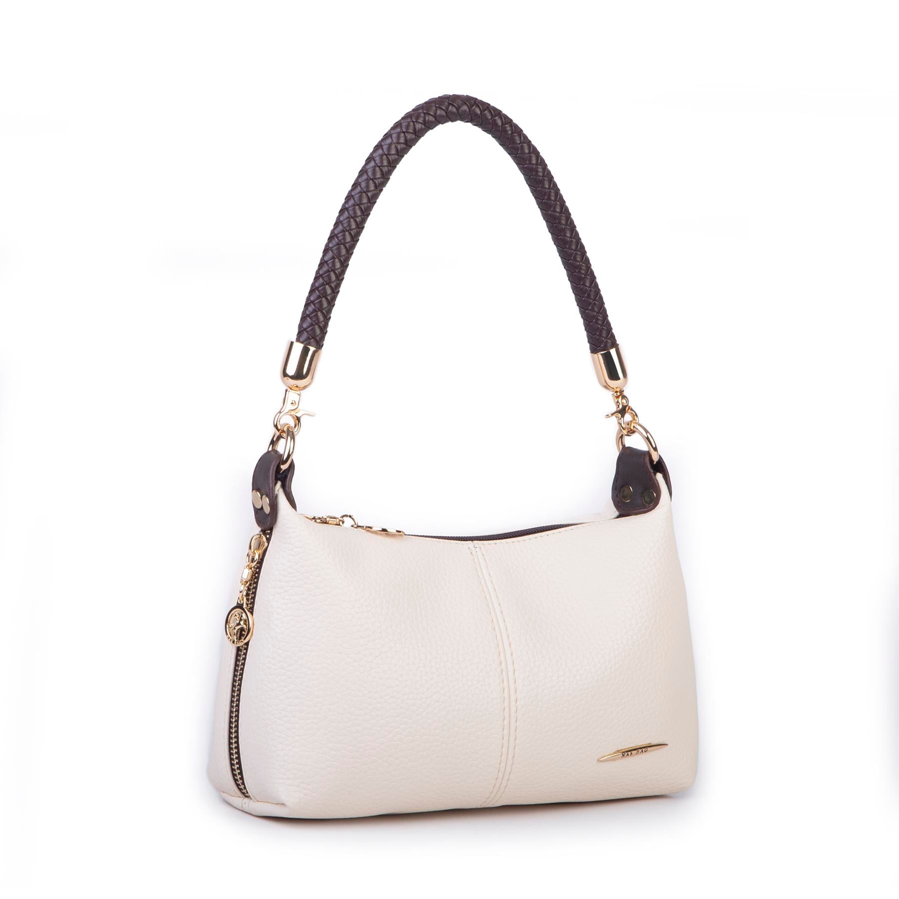 Nas Bag Kadın Mini Omuz ve Çapraz Çanta Örgülü Askılı (en: 23 cm , boy: 14 cm) Krem Kahve Lopez
