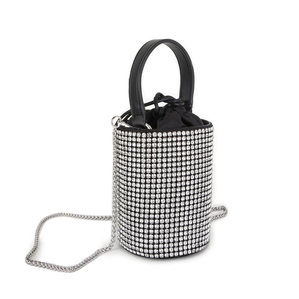 Nas Bag Kadın Omuz Çantası Black White Diamond Siyah Gümüş Taşlı Silindir  Çanta