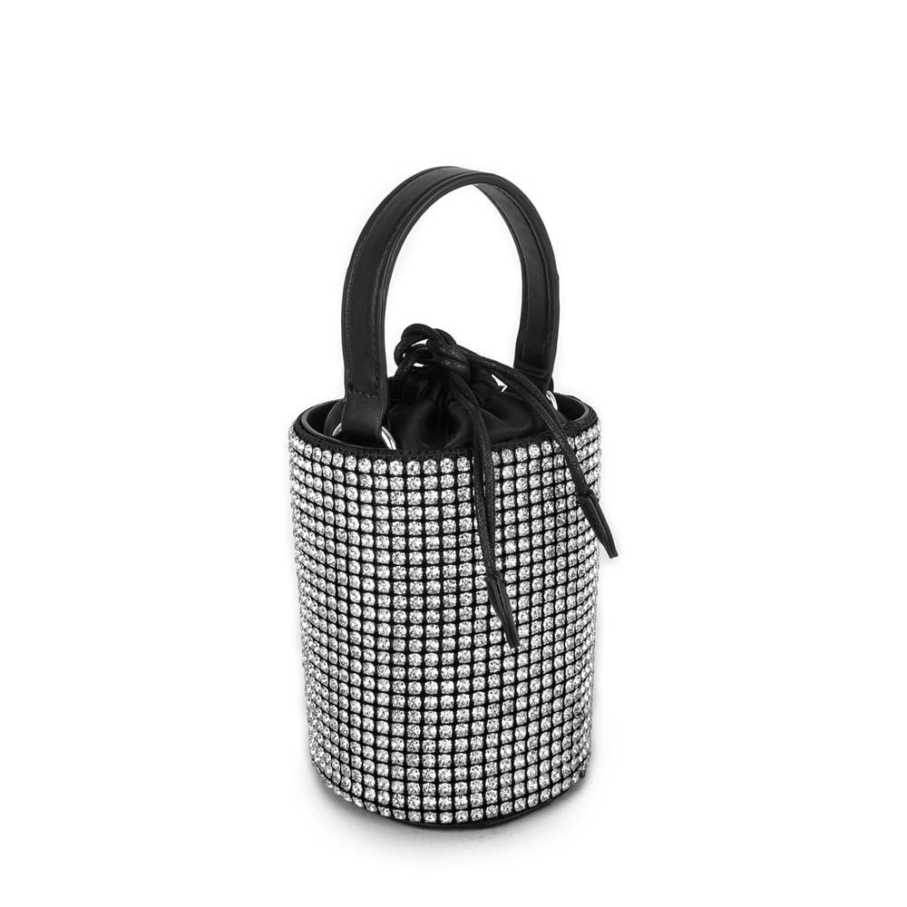 Nas Bag Kadın Omuz Çantası Black White Diamond Siyah Gümüş Taşlı Silindir  Çanta